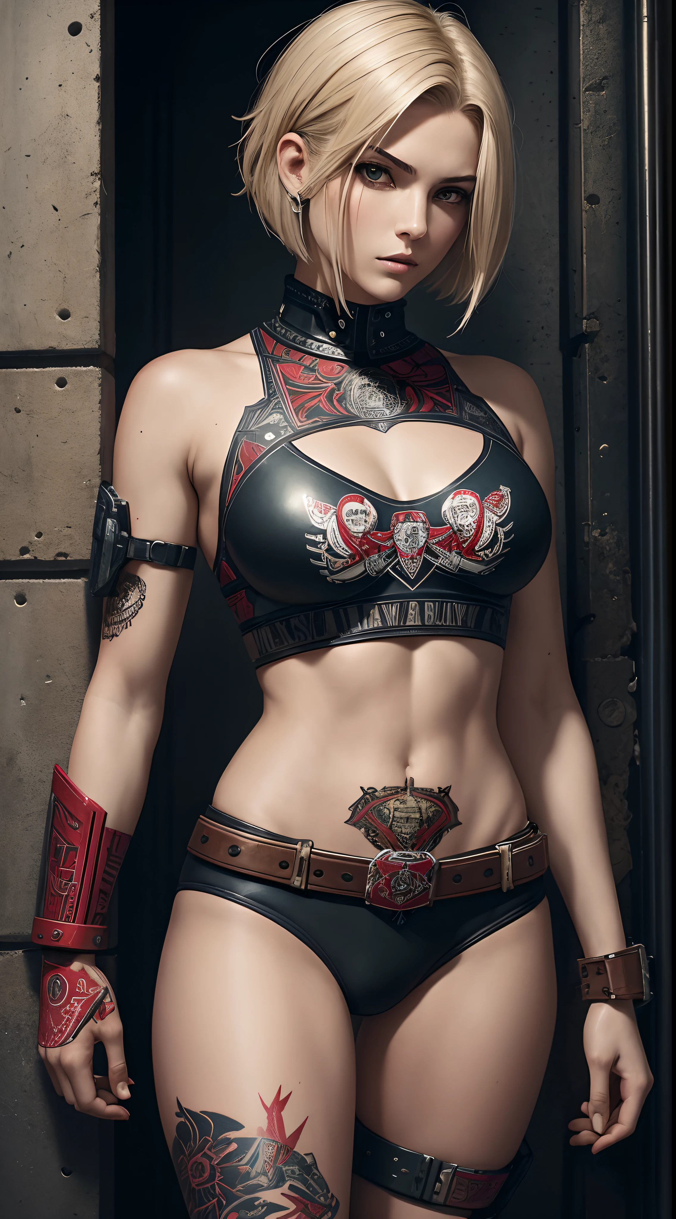 top quality, 8K, 32K, masterpiece, super fine illustration, High Resolution), 1 beautiful 20 year old girl with perfect body, Bob Shorthair, cyberpunk fighter, Gladiator in Brooklyn, ((Bob Shorthair )), Tiny leather underwear, Tattered rugby shirt, Nearly nude in Simon Bisley's Urban Savage style, short blonde hair, Minimal clothing, Metal guards on the arms contrary to the intricate graphics, Dark red with white stars and blue and white stripes, Armor, Full of heads and studs, Poison tattoo ((Image from the knee up))), On the back There is a wall with intricate designs painted by Shepard Fairey.