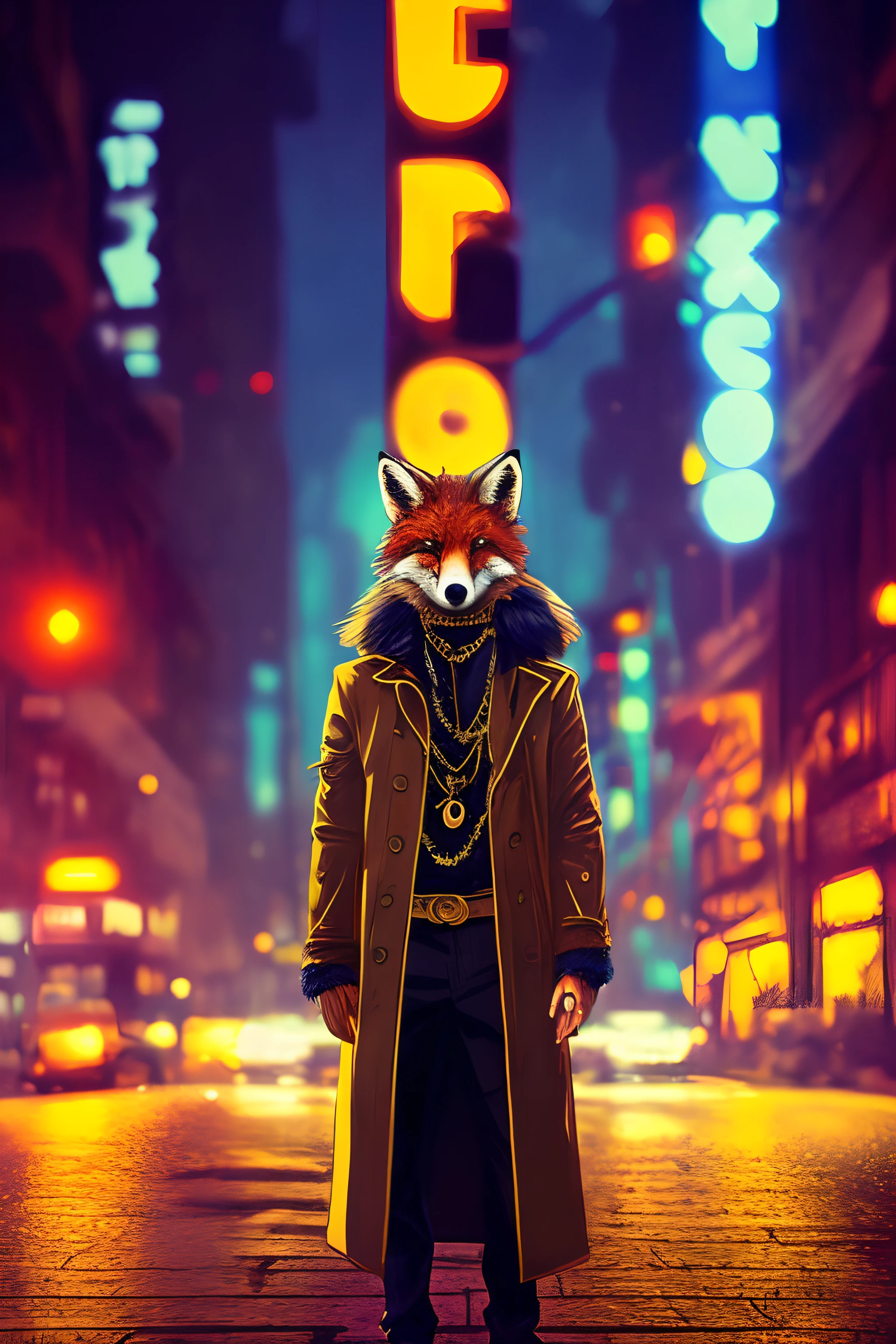 ((realistic)), ((detailed)), illustration, scene perspective (urban setting), character appearance (dark fur fox-headed and humanoid body wearing a sleek overcoat, gold chains, and rings while smoking a cigar amidst a rainy night with an imposing air), background elements (wet streets reflecting the city lights, neon signs and buildings in the background).