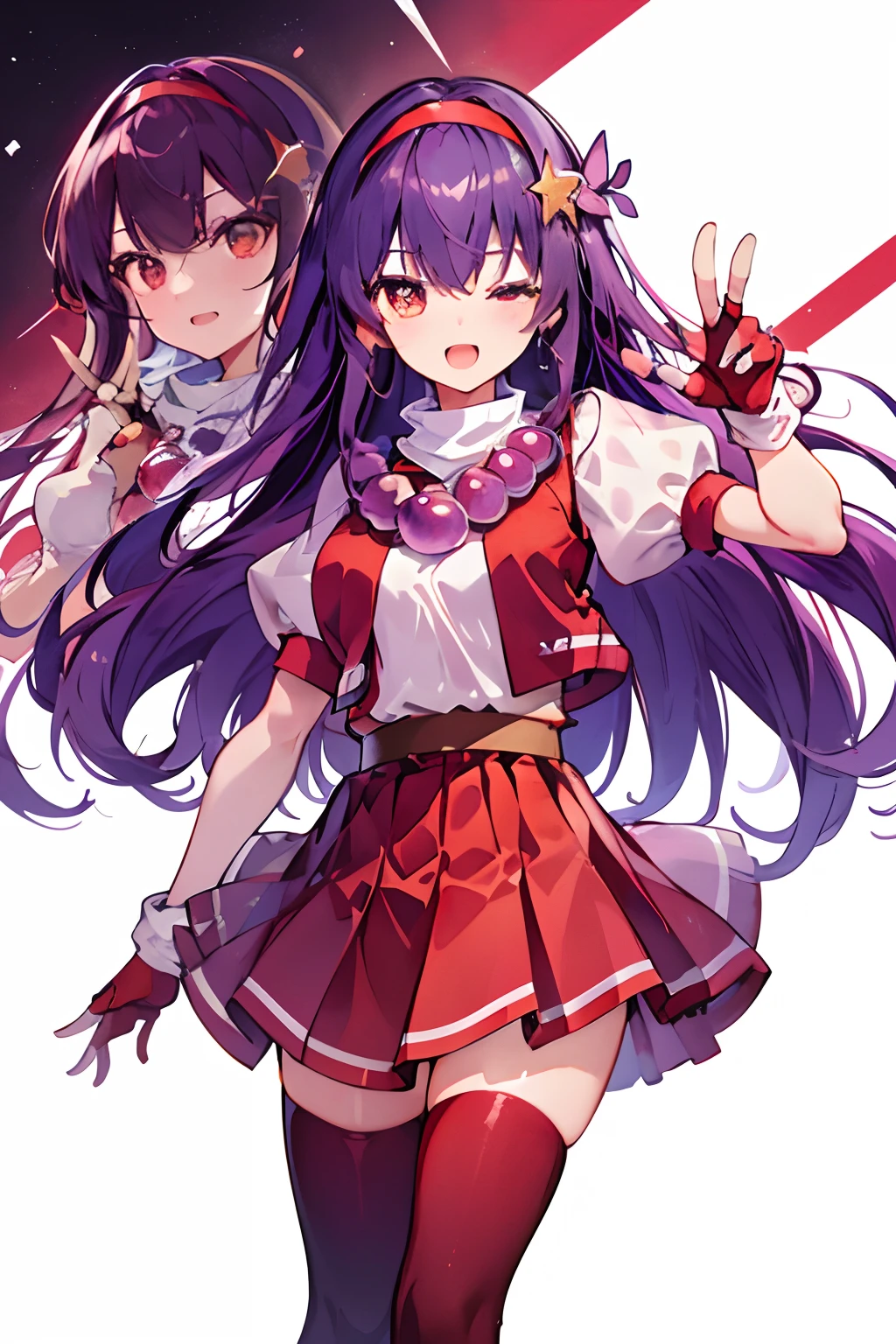 (​masterpiece、top-quality、top-quality、Official Art、Beautifully Aesthetic:1.2)、(1girl in:1.3)、(Fractal art:1.3)、
独奏、athena97、
a purple eye、one eye closed、purple color  hair、length hair、耳环、red hairband、(Pupil Spherical Necklace:1.5)、Star Hair Ornament、one_hand_on_hip、One-handed V、(The upper part of the body、:1.3)、
 Medium Bullet、Red Open Vest、White turtleneck、White puffy sleeves、shortsleeves、Red pleated skirt、Raw feet、Yellow belt、Red fingerless gloves、
(outside of house), sunlights, cosplay foto, (cinmatic:0.4),Street Simple Background,