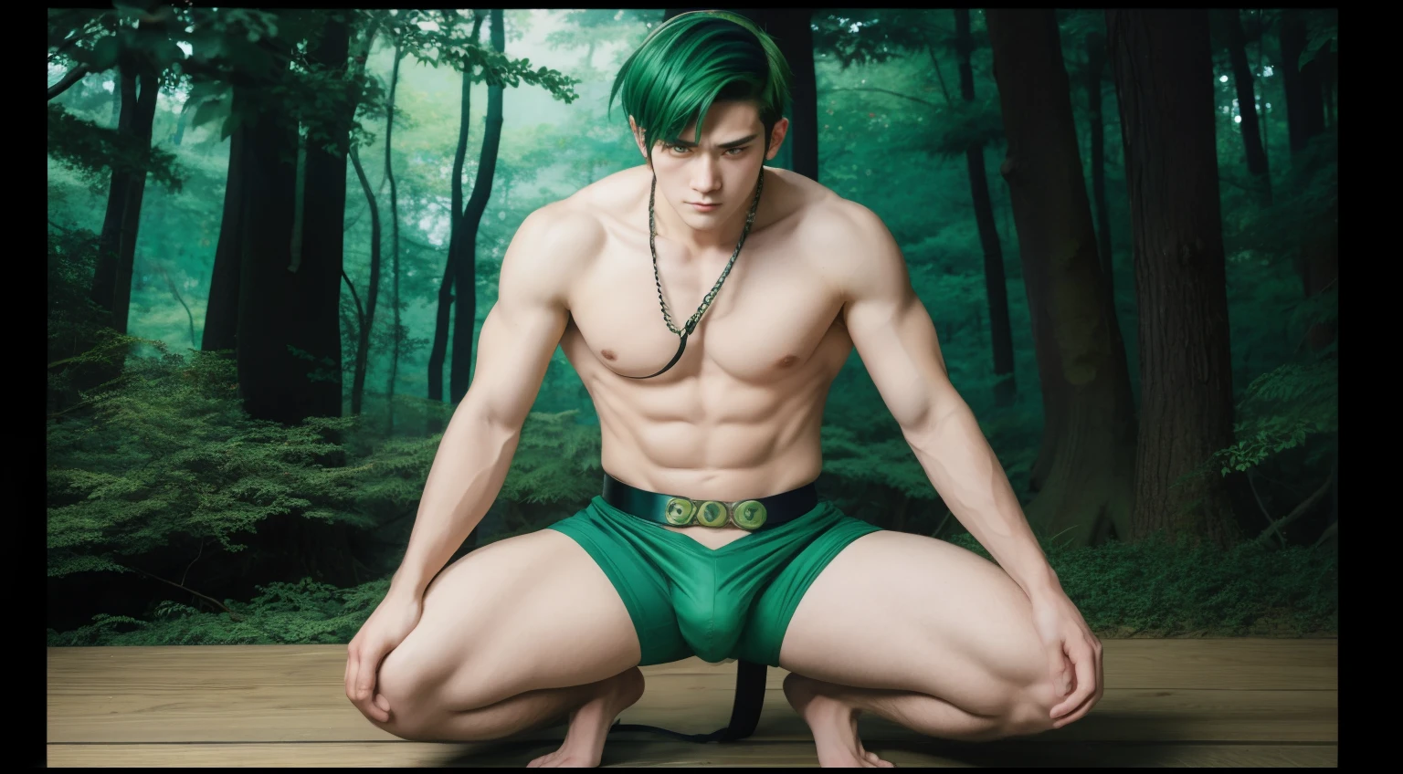 Ukiyo-e, young male, forest, age, screensaver, caucassian masculine square face, green hair, boxerbriefs, best quality, kneel, slave, harness