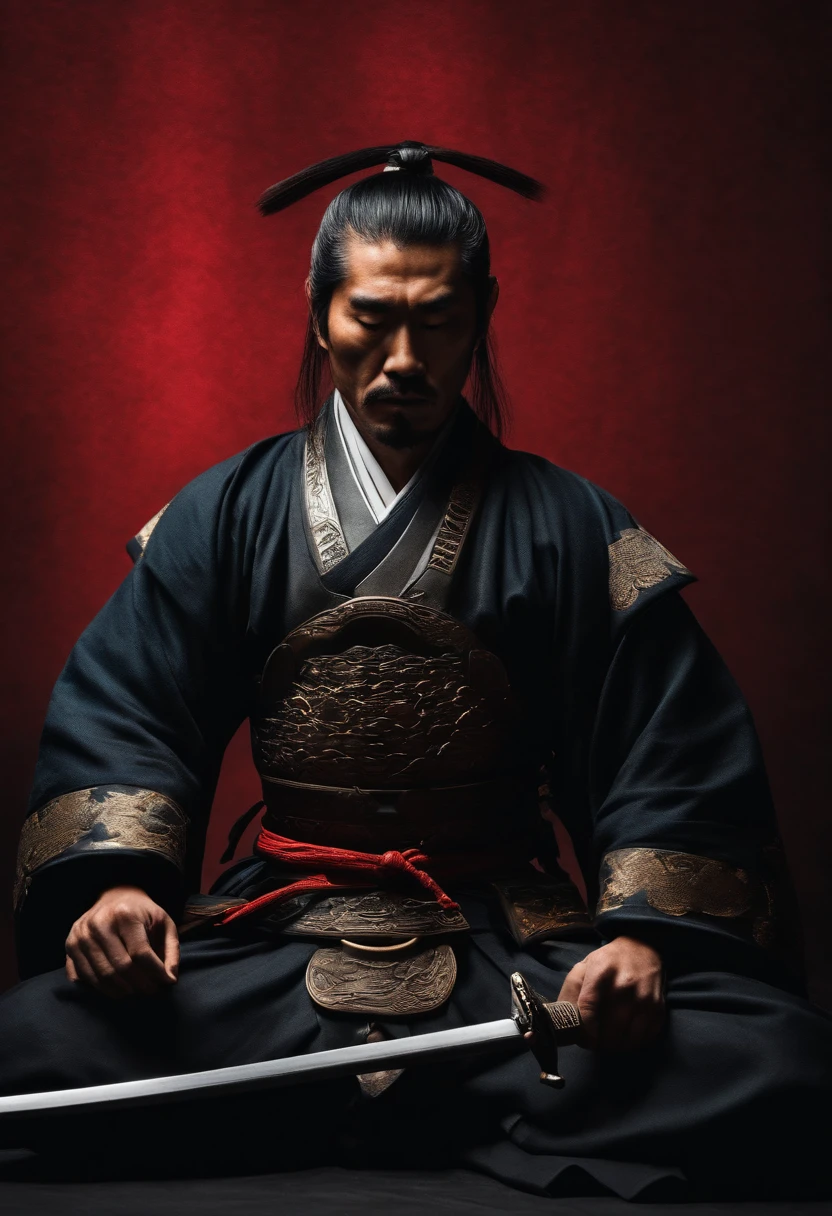 photograph of A samurai meditating on his own death before entering battle, displaying courage and concentration.