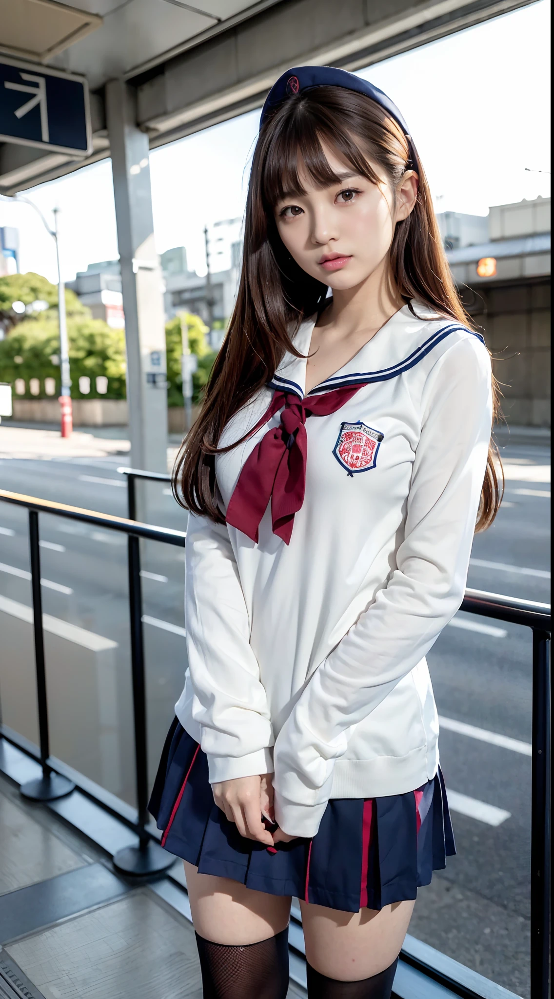 mix4, (16 K, Raw photography, Top image quality, masterpiece: 1.45), (realisitic, Photorealsitic: 1.37), one girls, 7.5, etc、Random hairstyle、Standing figure,Noon time slot、cute little, A city scape,, profetional lighting, photon maping, Cityscape with street trees, physically-based renderingt, Gradient dark brown hair,, a handsome, Well-groomed and beautiful eyes、Large double eyelids、Very shiny、girl with, (((student clothes、Long sleeve sailor suit worn by Japan girl、red cuffs、Dark blue mini skirt, Small gray beret、Dark blue knee-high socks、Black loafers))), Top Quality Photos, hight resolution, 1080p, (clearface), (Detailed face description), (Detailed hand description), (masterpiece), (Exquisite CG)、extreme light and shadows、dishevled hair、master work、abundant detail、(Fine facial features)、(top quality photo)、(masuter piece)、(A detailed eye)、Look in front of you、Fine clavicle、((Slender big))、(((Japan schooln long-sleeved sailor suit)))、((Ready Idol System))、((Road at Shibuya Station Scramble Intersection))、(Shooting from random perspectives)、(((Anyway cute)))、耳Nipple Ring、A big smile、Drawing the whole body from the knees、Do not draw nasolabial folds、(((Long-sleeved sailor suit)))、(Big breasts that hang down big:1.2)、Big buttocks with tension、Two arms and two legs、(((from the front side:0.5)))、bare hand、No mask