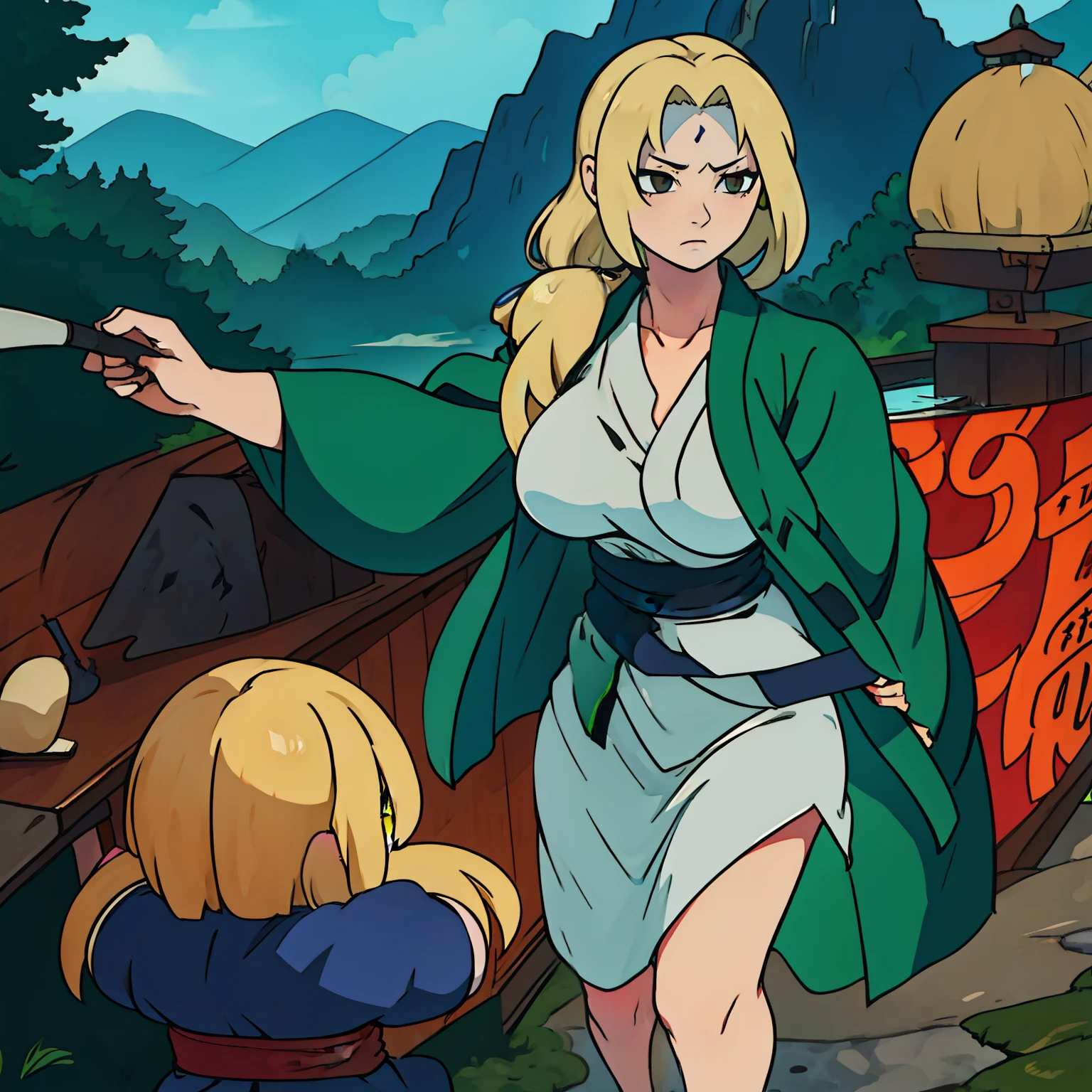 Tsunade, senos desnudos, senos grandes, cabello rubio, Hokage, aguas termales