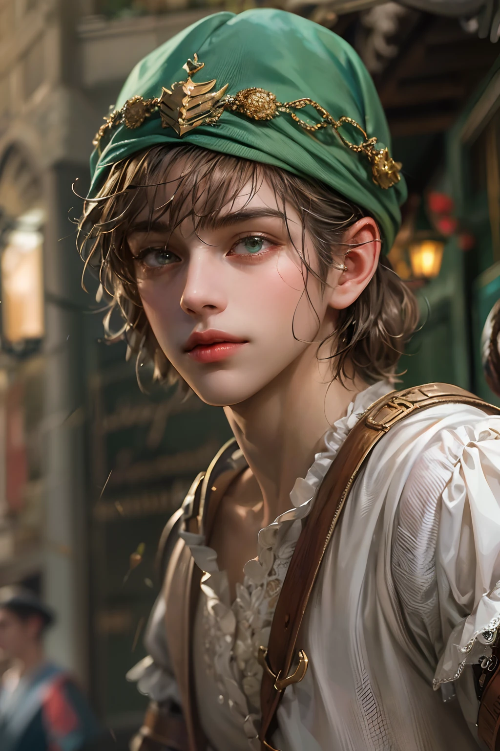 (absurdres, highres, ultra detailed, HDR), masterpiece, best quality, wizard of oz character, handsome young hero wearing detailed headgear, detailed face, handsome face, strolling at the town , detailed character, detailed outdoor