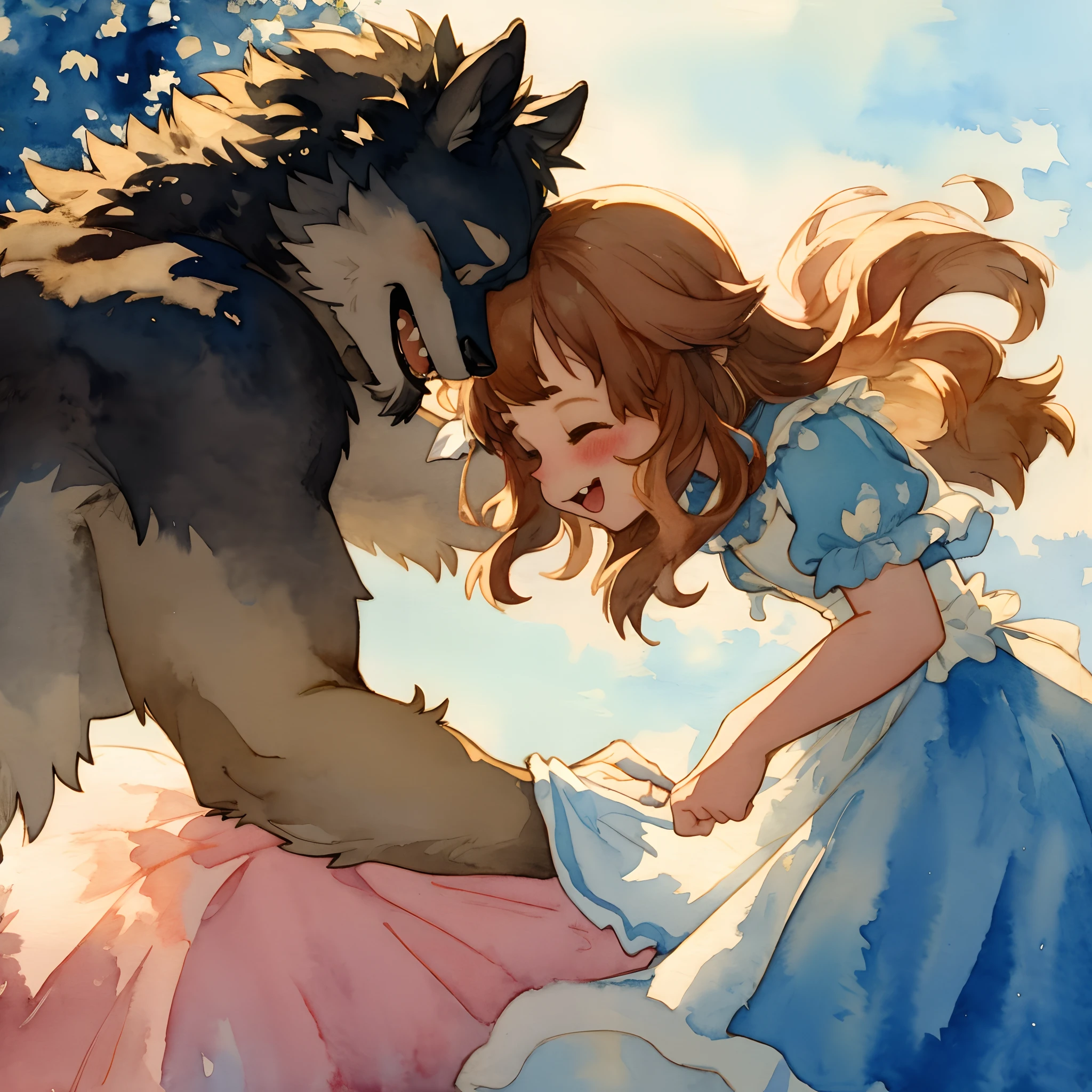 watercolor, soft color, Vintage images, highres, unparalleled masterpiece, absurdres, love story of human Child girl and giant Werewolf, pair, Height difference, Physical difference, perfect anatomy, smile, joyful, play with, smile, happy, watercolor,