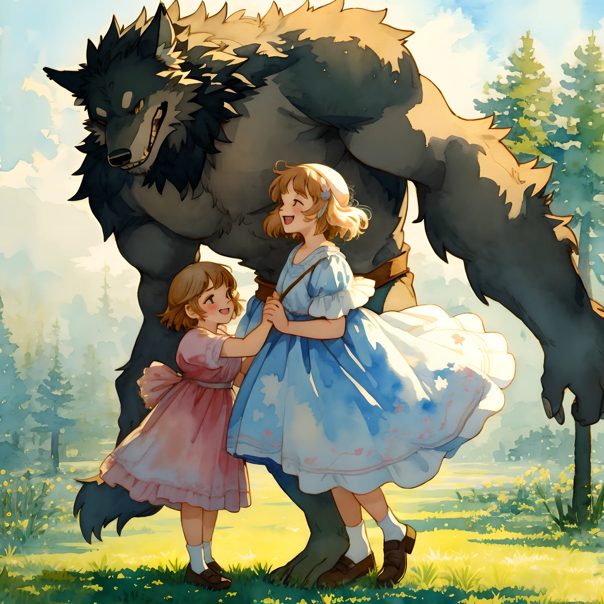 watercolor, soft color, Vintage images, highres, unparalleled masterpiece, absurdres, love story of human girl and giant Werewolf, pair, Height difference, Physical difference, perfect anatomy, smile, joyful, play with, smile, happy, watercolor,