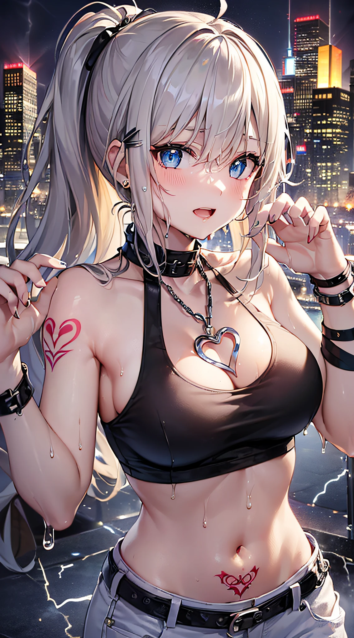 top-quality、Top image quality、masterpiece、girl with((18year old、Tattoo of the heart symbol on the right shoulder、Black Navel Tank Top、White pants、Best Bust、Bust 85、a blond、poneyTail、Blue eyes、open chest wide、Happiness、Chain Accessories、Black wristband on wrist、all fours pose,A slender、whole body Dripping wet))hiquality、visualart、Background with((City at night、Sateen、lightning bolt))、masutepiece