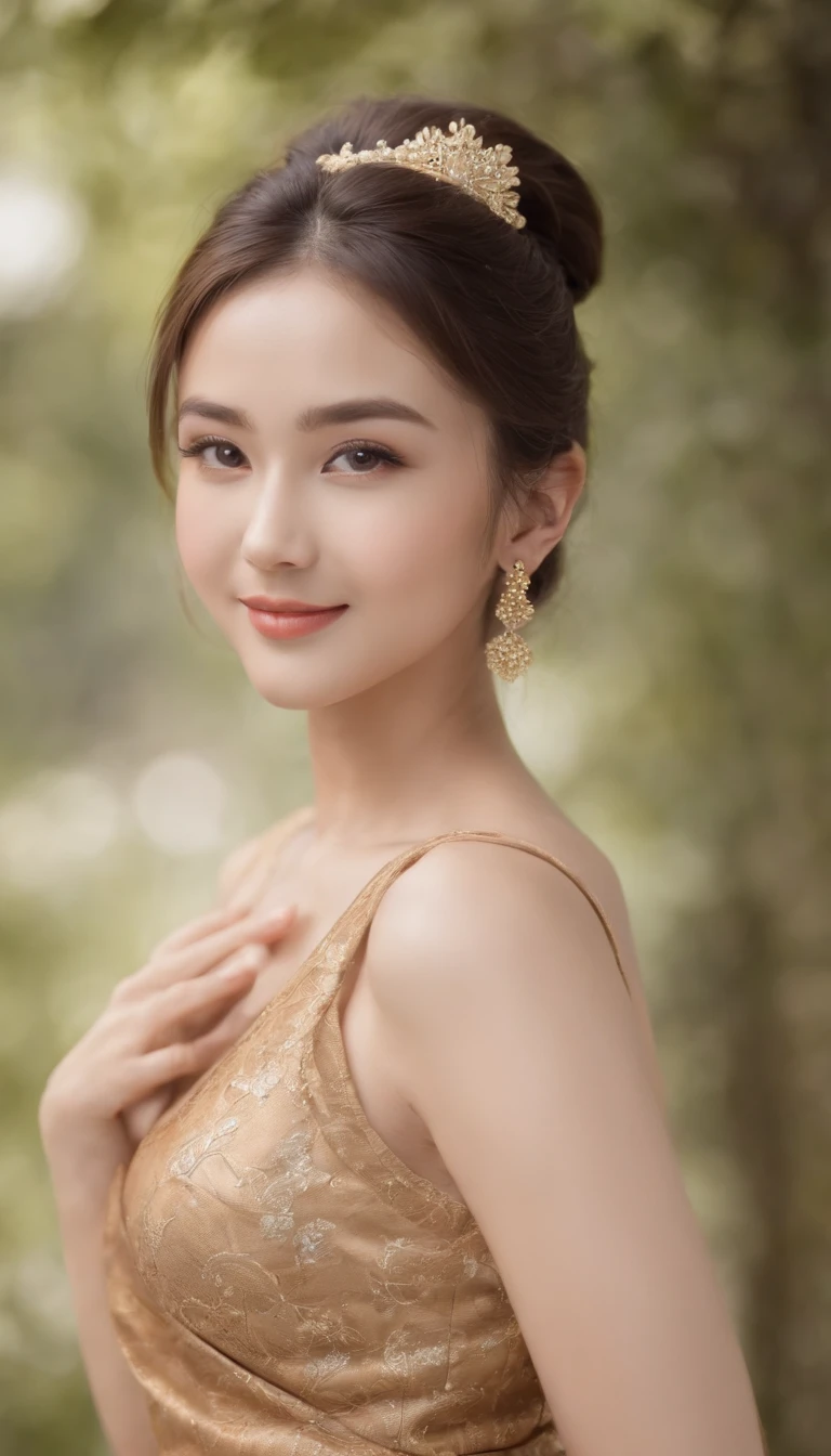 mito,Silvertone,Cobaya,Scroll,batik,Sleeveless, treasure,Universe, Face the camera, Smile, 19 year old girl, Cute girl, Beautiful girl, Indonesian model, Fair and healthy skin, Delicate eyes, Hair tied up, Ethnic earrings, golden headdress, Full body photo, (Sexy body:1.2), (Slim waist:1.2), Product photo shoot, Display lipstick products