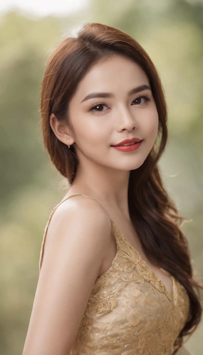 mito,Silvertone,Cobaya,Scroll,batik,Sleeveless, treasure,Universe, Face the camera, Smile, 19 year old girl, Cute girl, Beautiful girl, Indonesian model, Fair and healthy skin, Delicate eyes, Hair tied up, Ethnic earrings, golden headdress, Full body photo, (Sexy body:1.2), (Slim waist:1.2), Product photo shoot, Display lipstick products