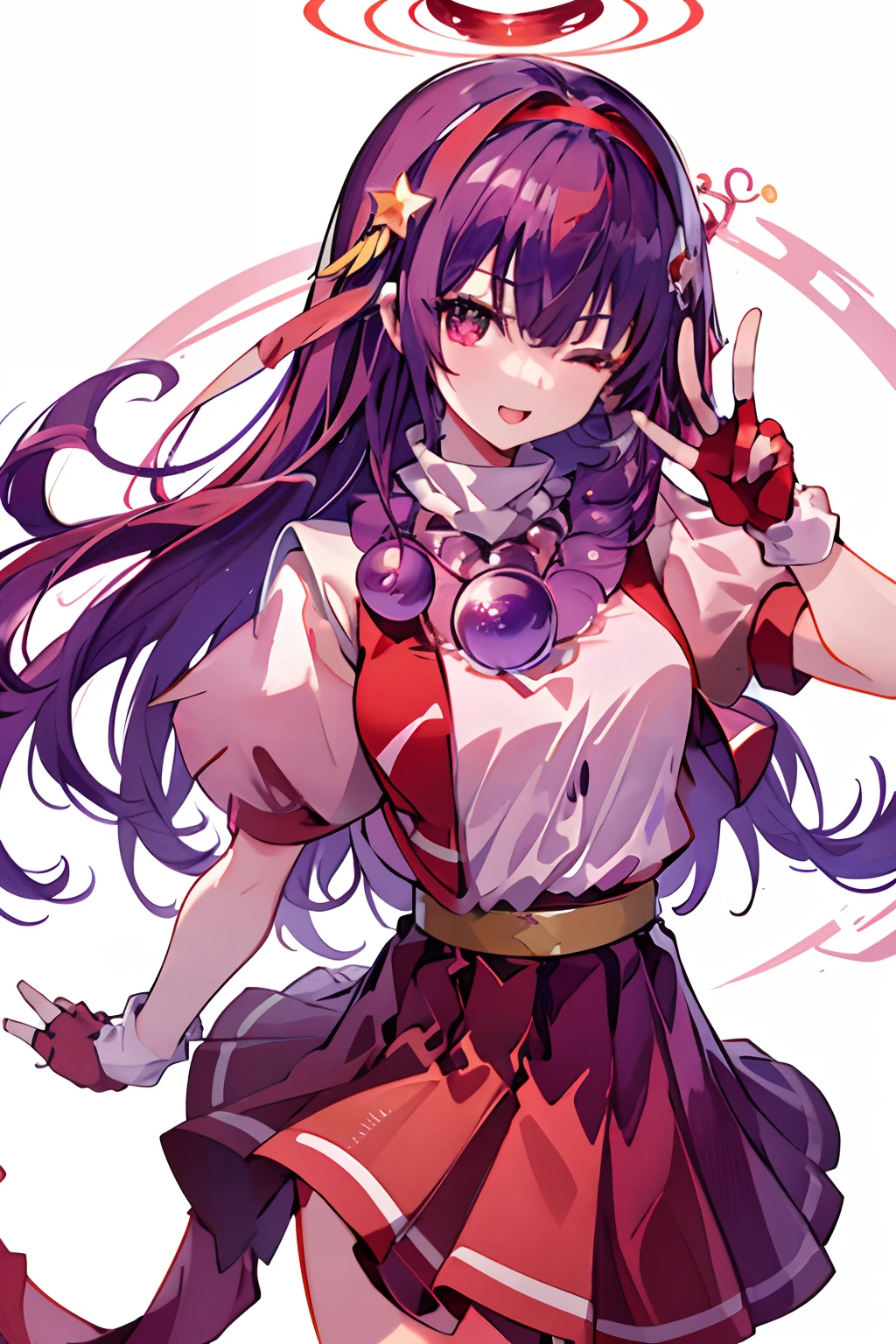 (​masterpiece、top-quality、top-quality、Official Art、Beautifully Aesthetic:1.2)、(1girl in:1.3)、(Fractal art:1.3)、
独奏、athena97、
a purple eye、one eye closed、purple color  hair、length hair、耳环、red hairband、(Pupil Spherical Necklace:1.5)、Star Hair Ornament、one_hand_on_hip、One-handed V、(The upper part of the body、:1.3)、
 Medium Bullet、Red Open Vest、White turtleneck、White puffy sleeves、shortsleeves、Red pleated skirt、Raw feet、Yellow belt、Red fingerless gloves、
(outside of house), sunlights, cosplay foto, (cinmatic:0.4),Street Simple Background,