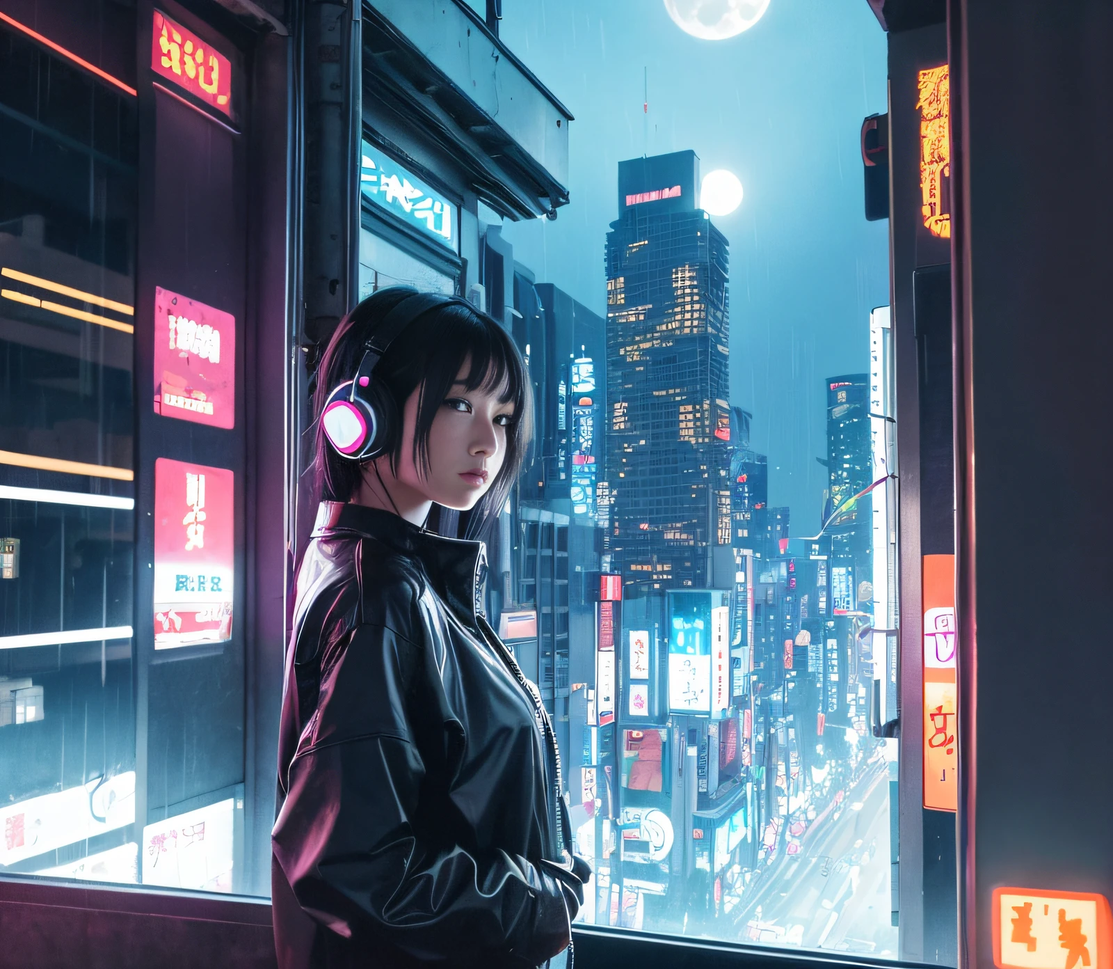 "A cyberpunk city in 1980s Japan that seems like it's from a sci-fi movie, it's raining, night, in the room there's a single girl, she's smoking, outside the window there's a full moon, chill atmosphere, Disney-like touch, Japanese, 20 years old, black hair, headphones."