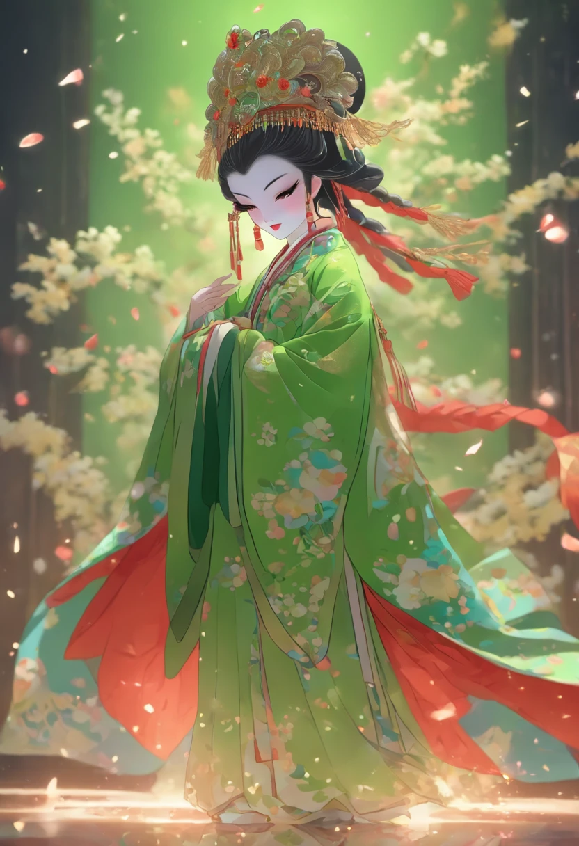 China-style,Chinese drama,Peking Opera costumes,Douertun costume,Drama Facebook,green color,中景 the scene is,super-fine,ultra - detailed,high qulity,8K ,Sharply focus the eyes,highly detailed surreal vfx,oc rendered, - AR 16:9 --q 2 --s 1000