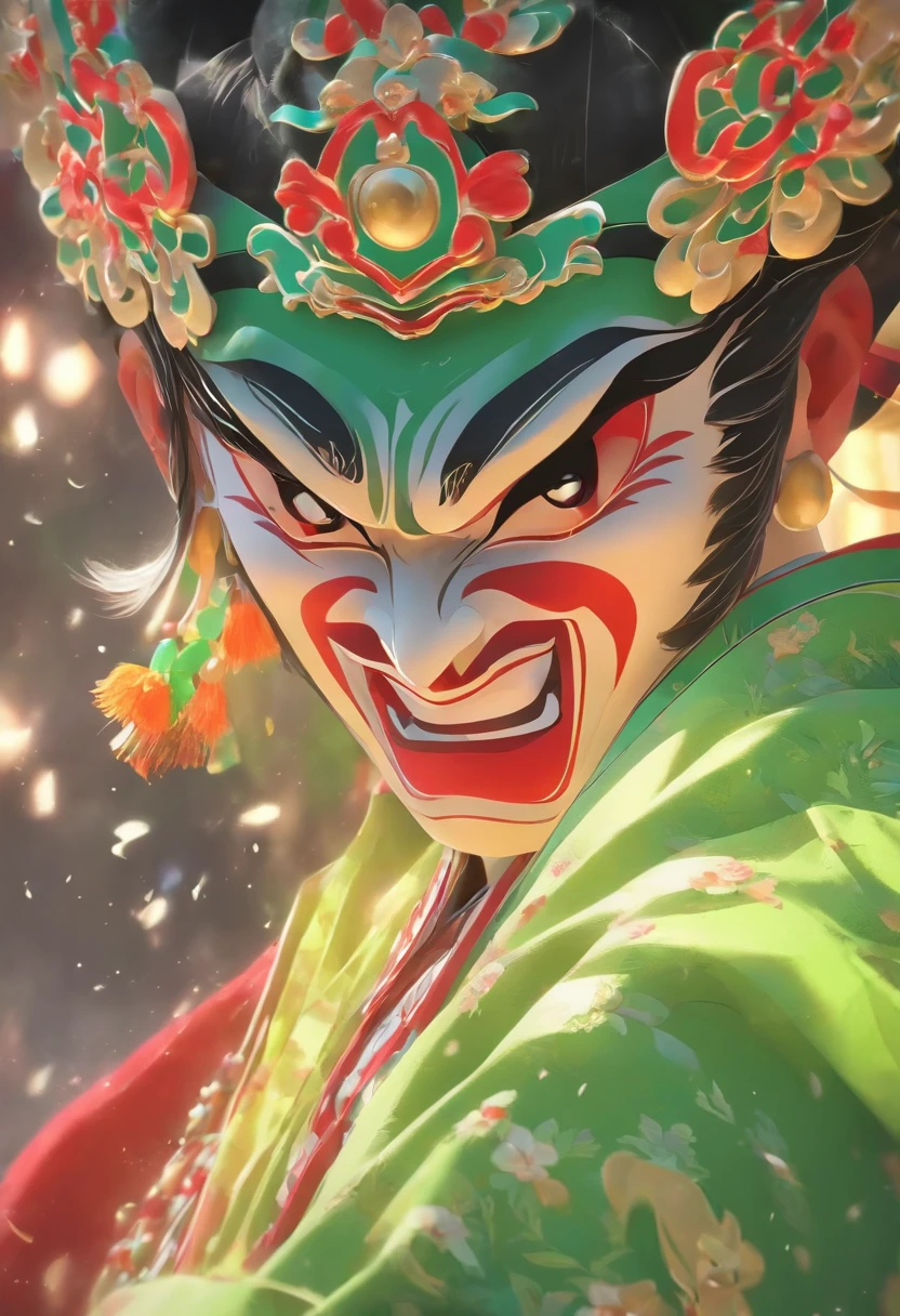 China-style，Chinese drama，Peking Opera costumes，Douertun costume，Drama Facebook，green color，中景 the scene is，super-fine，ultra - detailed，high qulity，8K ，Sharply focus the eyes，highly detailed surreal vfx，oc rendered， - AR 16:9 --q 2 --s 1000