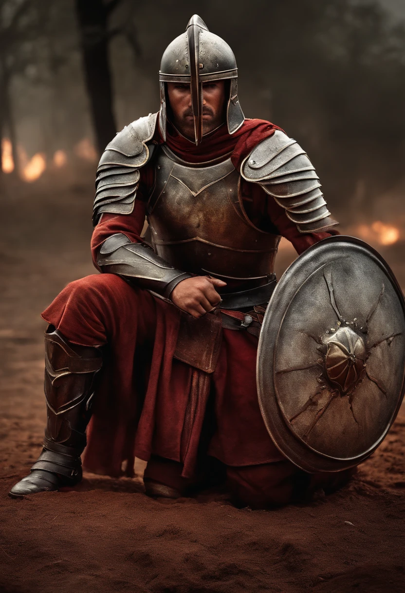 Spartan warrior, bloody armor, on battlefield, On his knees, Facing the front, Injured and exhausted