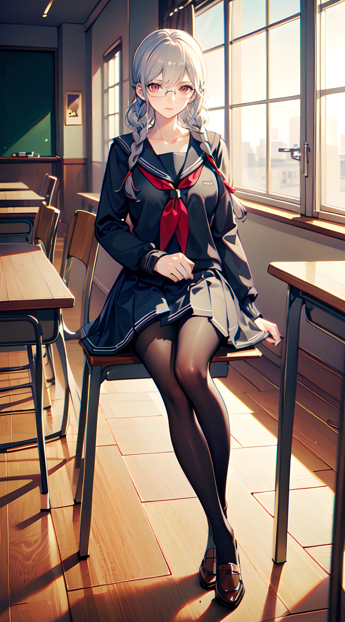 pekopekoyama, peko pekoyama, braid, long hair, (red eyes:1.5), twin braids, glasses, BREAK black pantyhose, black shirt, brown footwear, collarbone, pantyhose, pleated skirt, school uniform, serafuku, shirt, shoes, skirt, BREAK looking at viewer, BREAK indoors, classroom, BREAK (masterpiece:1.2), best quality, high resolution, unity 8k wallpaper, (illustration:0.8), (beautiful detailed eyes:1.6), extremely detailed face, perfect lighting, extremely detailed CG, (perfect hands, perfect anatomy),