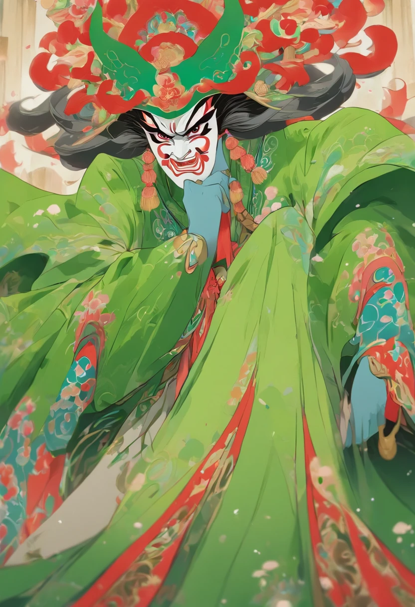 China-style,Chinese drama,Peking Opera costumes,Durton costumes,Drama Facebook,green color,中景 the scene is,super-fine,ultra - detailed,high qulity,8K ,Sharply focus the eyes,highly detailed surreal vfx,oc rendered, - AR 16:9 --q 2 --s 1000