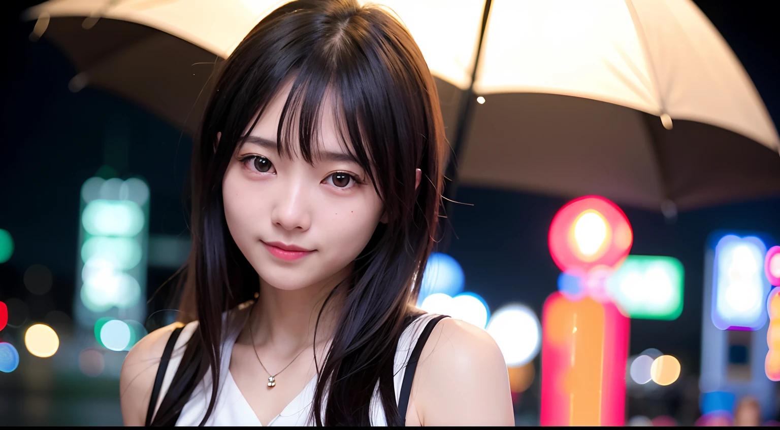 1 girl, Tokyo street, night, cityscape, city lights, upper body, close-up, blouse, smile, (8k, RAW photo, top quality, masterpiece: 1.2), (real, photoreal: 1.37),