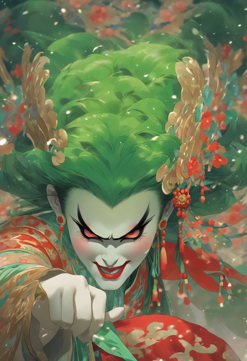 China-style,Chinese drama,Peking Opera costumes,Durton costumes,Drama Facebook,green color,中景 the scene is,super-fine,ultra - detailed,high qulity,8K ,Sharply focus the eyes,highly detailed surreal vfx,oc rendered, - AR 16:9 --q 2 --s 1000