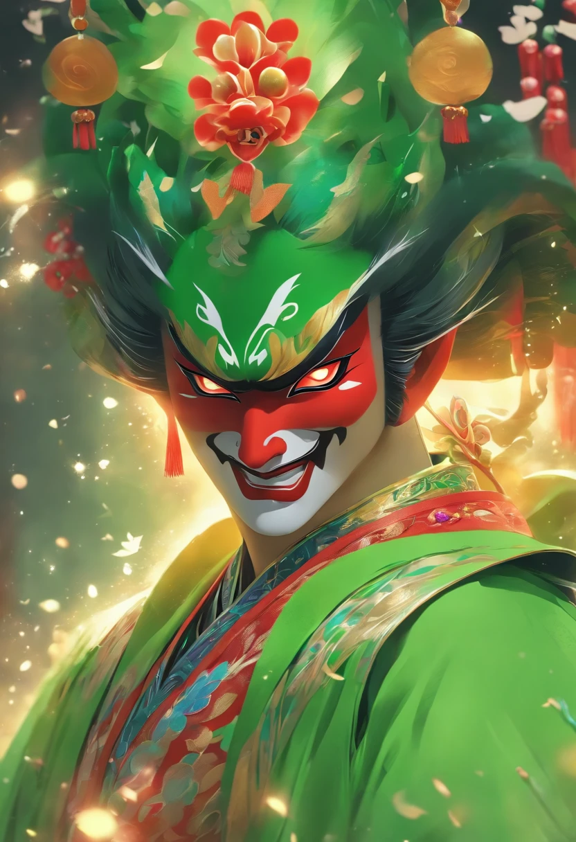 China-style，Chinese drama，Peking Opera costumes，Durton costumes，Drama Facebook，green color，中景 the scene is，super-fine，ultra - detailed，high qulity，8K ，Sharply focus the eyes，highly detailed surreal vfx，oc rendered， - AR 16:9 --q 2 --s 1000