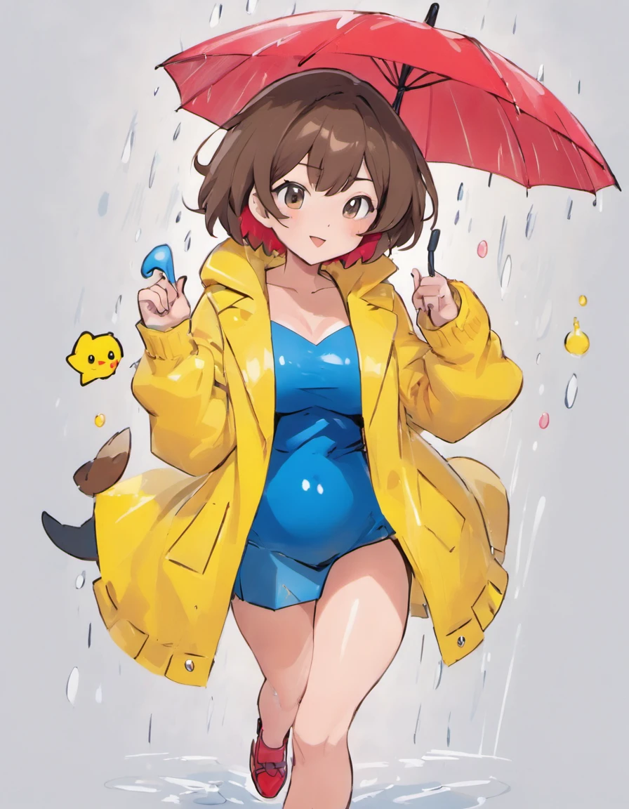 can you draw a milf in a pvc yellow rain coat and red umbrella drawn by sowsow, about 50 years of age, mature woman, tall very large breasts, short blue mini skirt, brown hair, short hair,