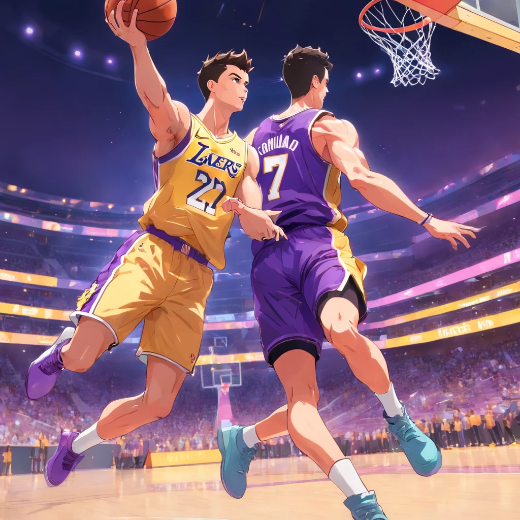 In the lively and colorful illustration, a group of varios chicos, or diverse boys, are seen enthusiastically engaging in a basketball game. The vibrant hues of their team jerseys, each adorned with the iconic Bulls logo, contrast beautifully against the urban background. This masterpiece, presented in the best quality of 4k and high resolution, is designed to captivate your senses with its stunning visuals.

Realistic lighting casts an energizing glow over the scene, emphasizing the intricately detailed facial expressions and athletic poses of the boys. Their dynamic action, filled with movement and excitement, showcases their teamwork, athleticism, and determination as they