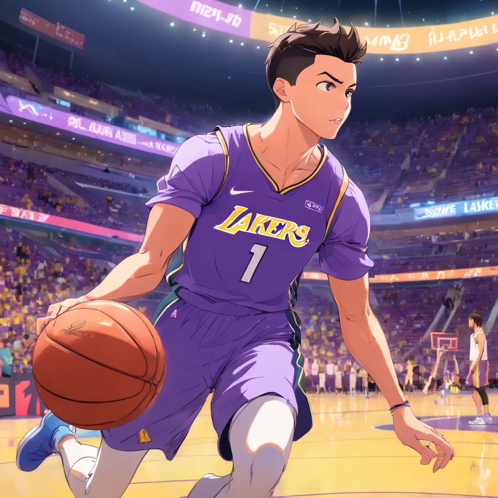 Cristiano Ronaldo jogando basquete vestindo uniforme do Los Angeles lakers