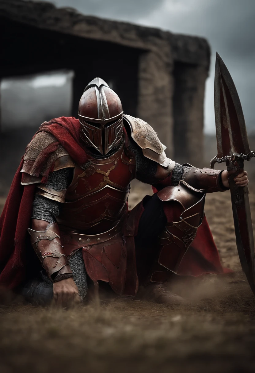 Spartan warrior, bloody armor, on battlefield, On his knees, Facing the front, Exhausted from severe injuries
