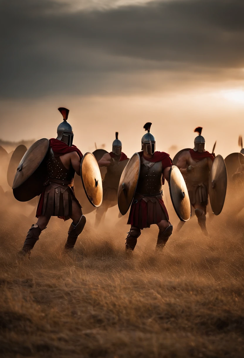 photograph of A group of Spartans training fiercely in an open field, maintaining their phalanx formation flawlessly.