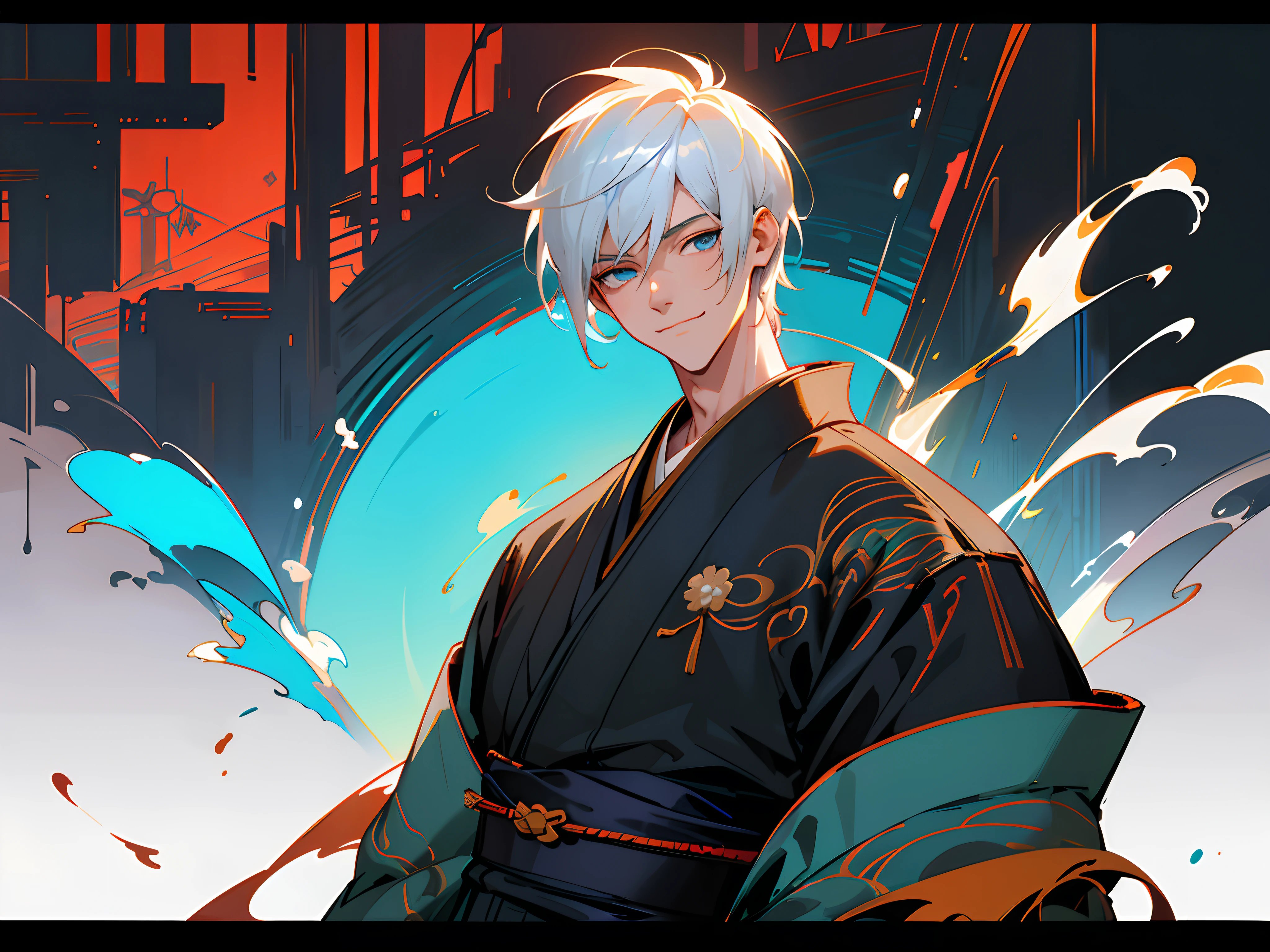 Male Cyberpunk, ((ryokan)), dark backgrounds, Clean design, epic instagram, art  stations, Splash of colorful paint, silhuette, hyper detailed intricate details, Unreal Engine, Fantasy, intricate detailes, Welcome screen, Complementary color scheme, Fantasy concept art, 8 K resolution, De Biantato's masterpiece, Painting oil painting, heavy strokes, Paint Drip, (isolated on white: 1.3), rainbow skin, (((Handsome young man))), ((youthfulness: 1.5) ), (bright blue eyes), ((Bright eye)), (((((short white-hair: 1.1))), ((Black clothe)), (Prince\\(Smiling expression\\),, ( (((He wears a luxurious kimono with details))), white  hair, (breastsout) --v 6