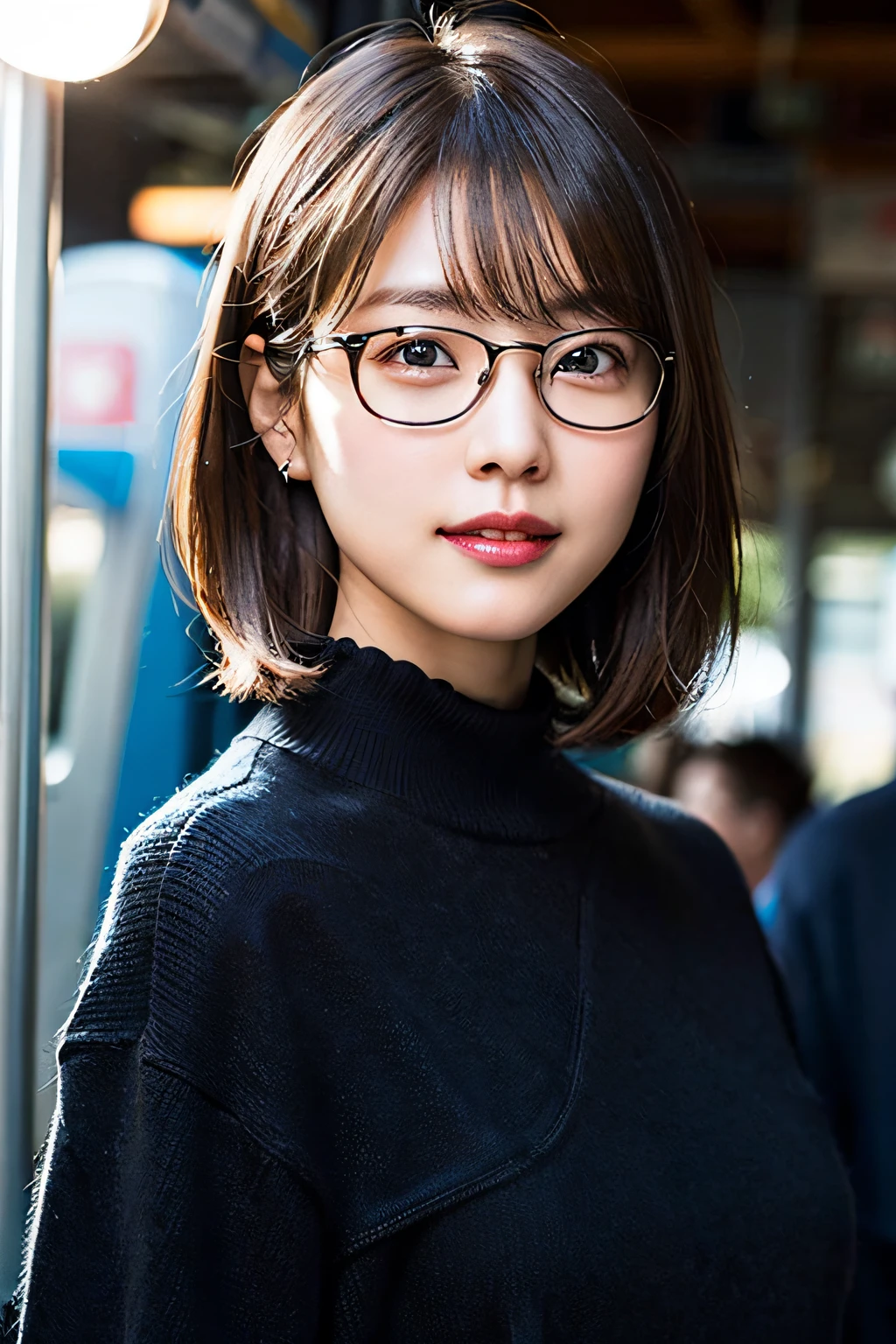 (8K、RAW photography、top-quality、tmasterpiece:1.2)、(hentail realism、Photorealsitic:1.37)、ultra - detailed、超A high resolution、1 rapariga、see the beholder、beautifull detailed face、A smile、shrinks、(Slim waist) :1.3)、short cut、beautiful detailed skin、Skin texture、Floating hair、Professional lighting、Wait for the platform train、black-frame glasses 、full bodyesbian、Brown hair