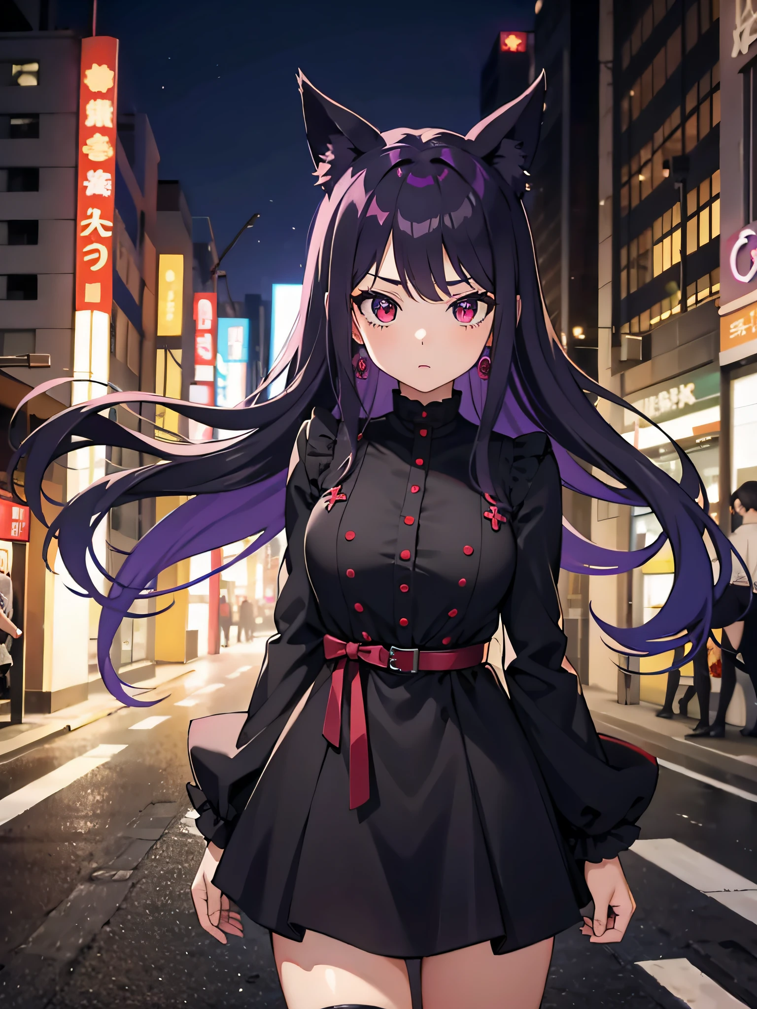 1 girl Purple hair, Red Eyes, wearing a black dress, Tokyo city, absurdes, High Res, ultra sharp, 8k, masterpiece, looking at viewer