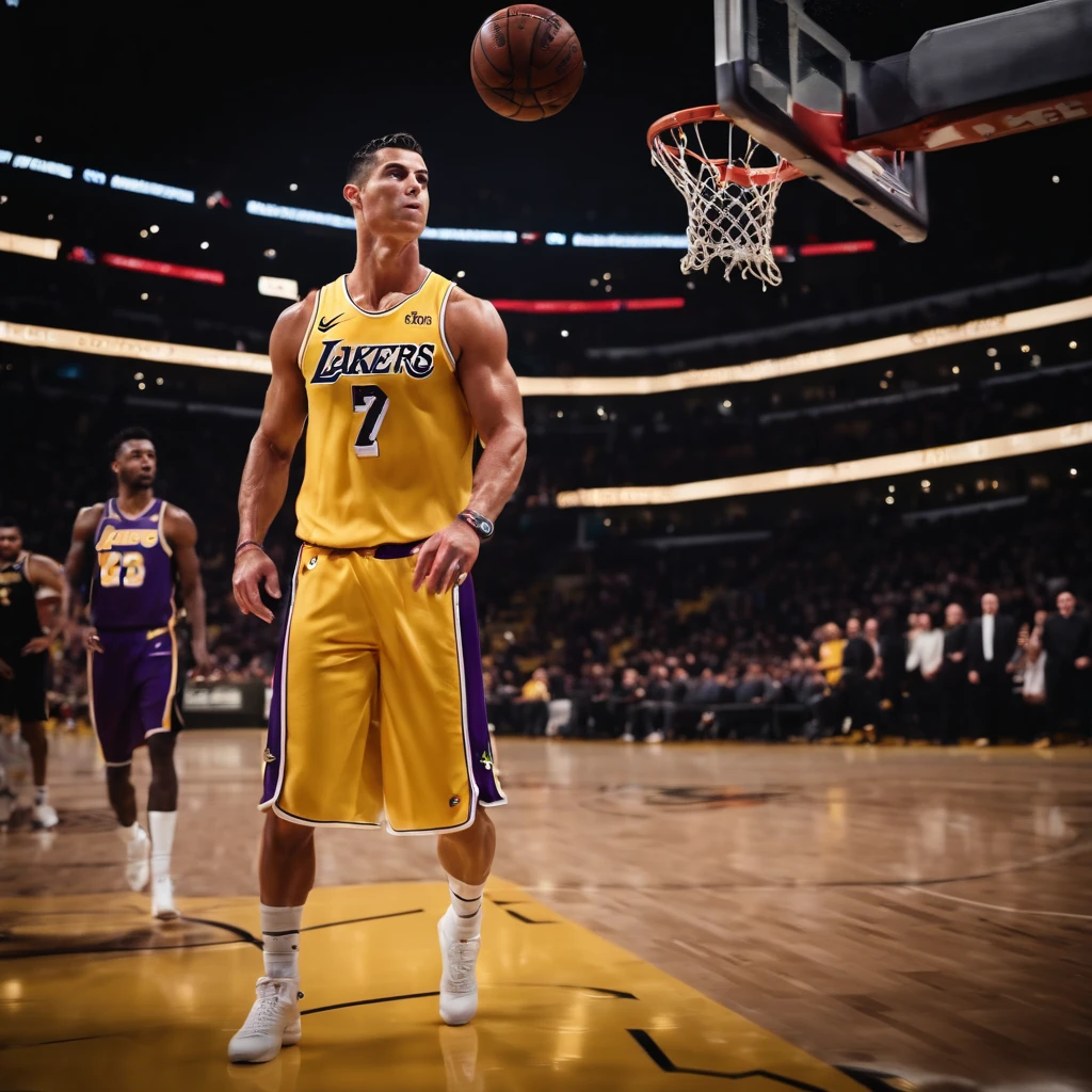 Cristiano Ronaldo jogando basquete vestindo uniforme do Los Angeles lakers