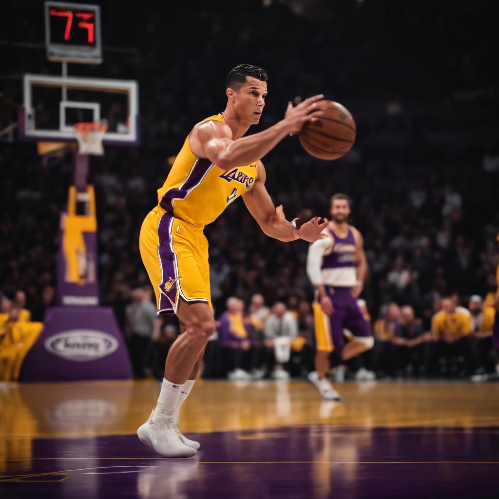 Cristiano Ronaldo jogando basquete vestindo uniforme do Los Angeles lakers