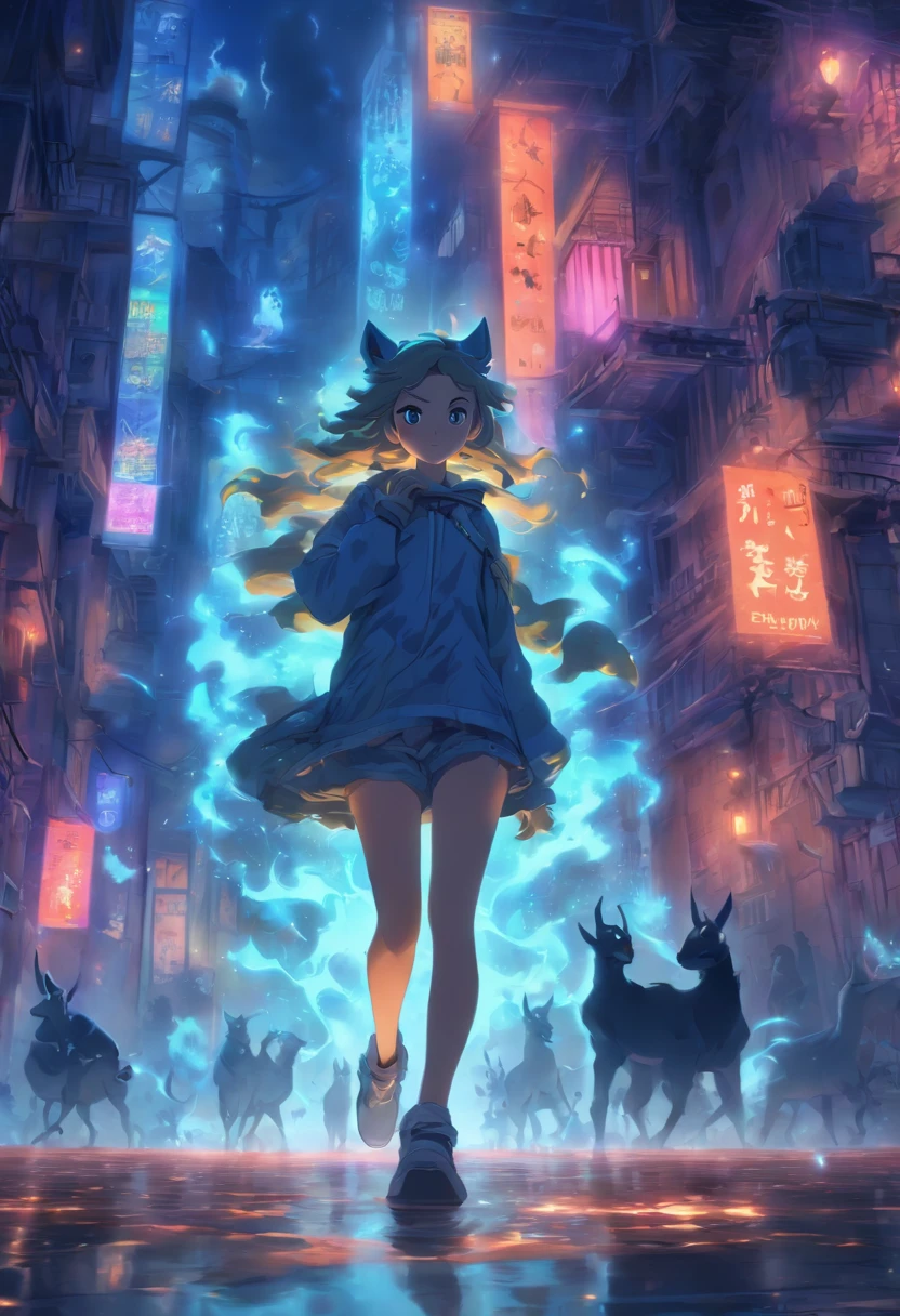 (beste calidad, 4k, 8k, high resolusion, obra maestra:1.2), ultra detallada, (realista, fotorrealista, foto-realista:1.37), medio: A girl runs through a ghostly city, luna, cuervos, llamas azules, Gargoyles, painting oil painting, detailed illustration, escena nocturna misteriosa, figuras surrealistas, sombras intrincadas, colorido vibrante, dramatic illumination.