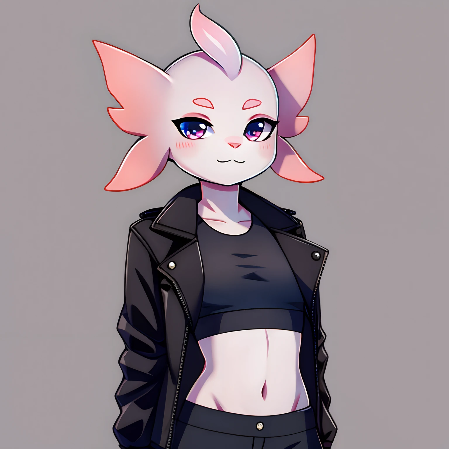 gray furry axolotl, black jacket with a crop top underneath, dark bermuda