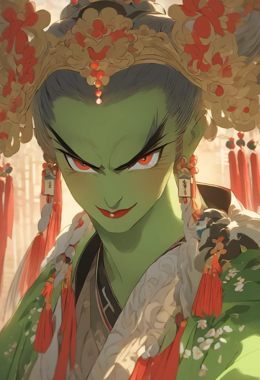 China-style,Chinese drama,Peking Opera costumes,Dutton costumes,Drama Facebook,green color,中景 the scene is,super-fine,ultra - detailed,high qulity,8K ,Sharply focus the eyes,highly detailed surreal vfx,oc rendered, - AR 16:9 --q 2 --s 1000