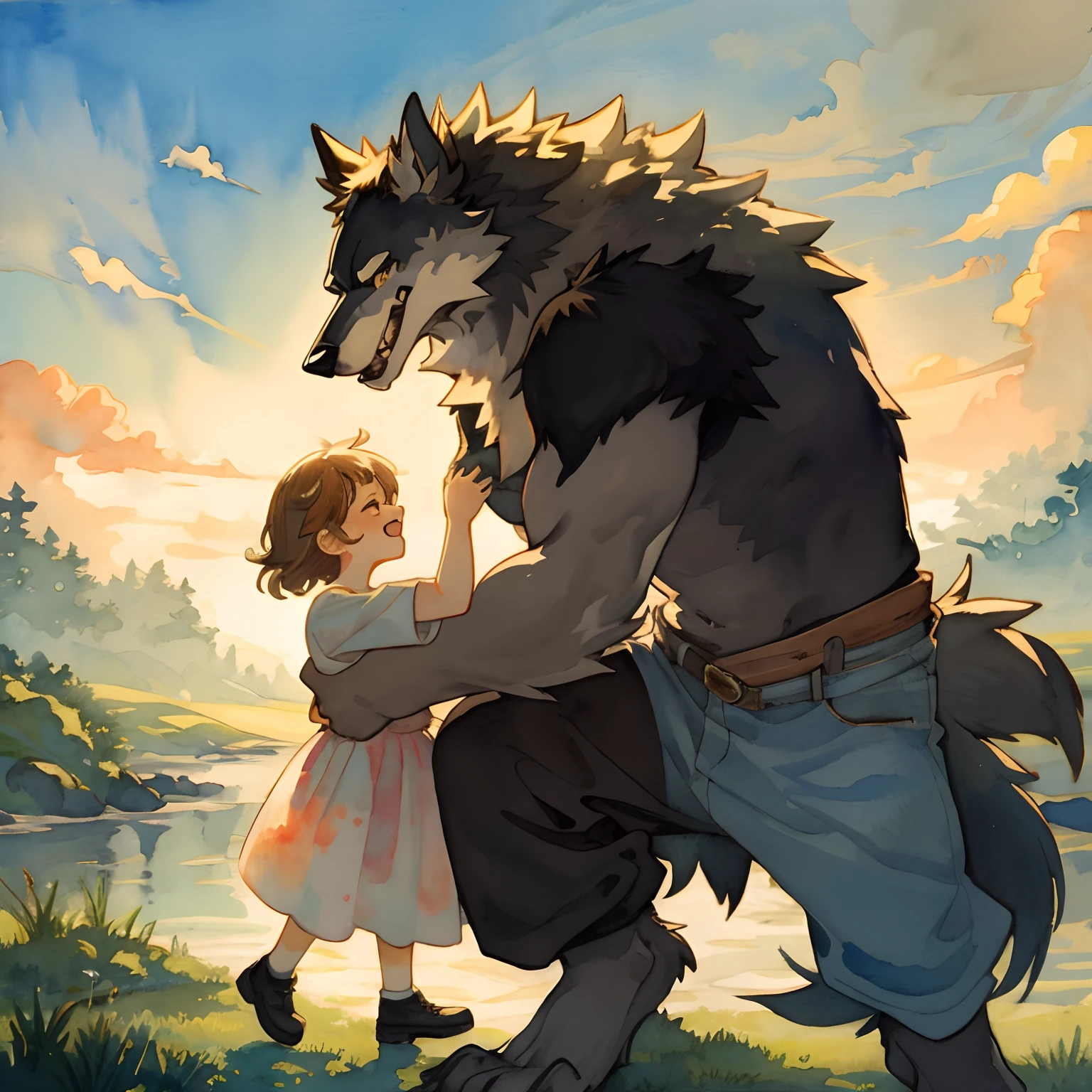 watercolor, soft color, Vintage images, highres, unparalleled masterpiece, absurdres, love story of human Child girl and giant Werewolf, pair, Height difference, Physical difference, perfect anatomy, smile, joyful, play with, smile, happy, watercolor,