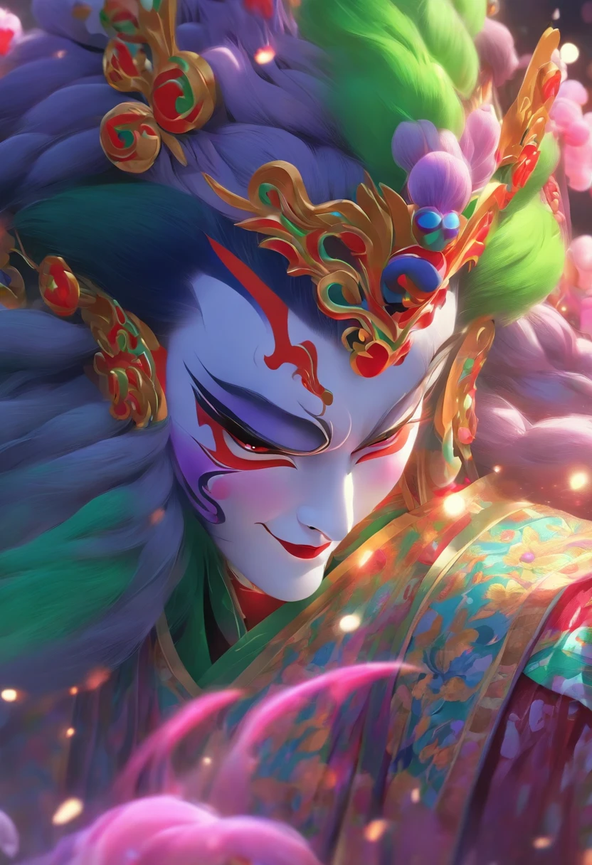 China-style，Chinese drama，Peking Opera costumes，Purple theatrical costumes，Drama Facebook，Green face，中景 the scene is，super-fine，ultra - detailed，high qulity，8K ，Sharply focus the eyes，highly detailed surreal vfx，oc rendered， - AR 16:9 --q 2 --s 1000