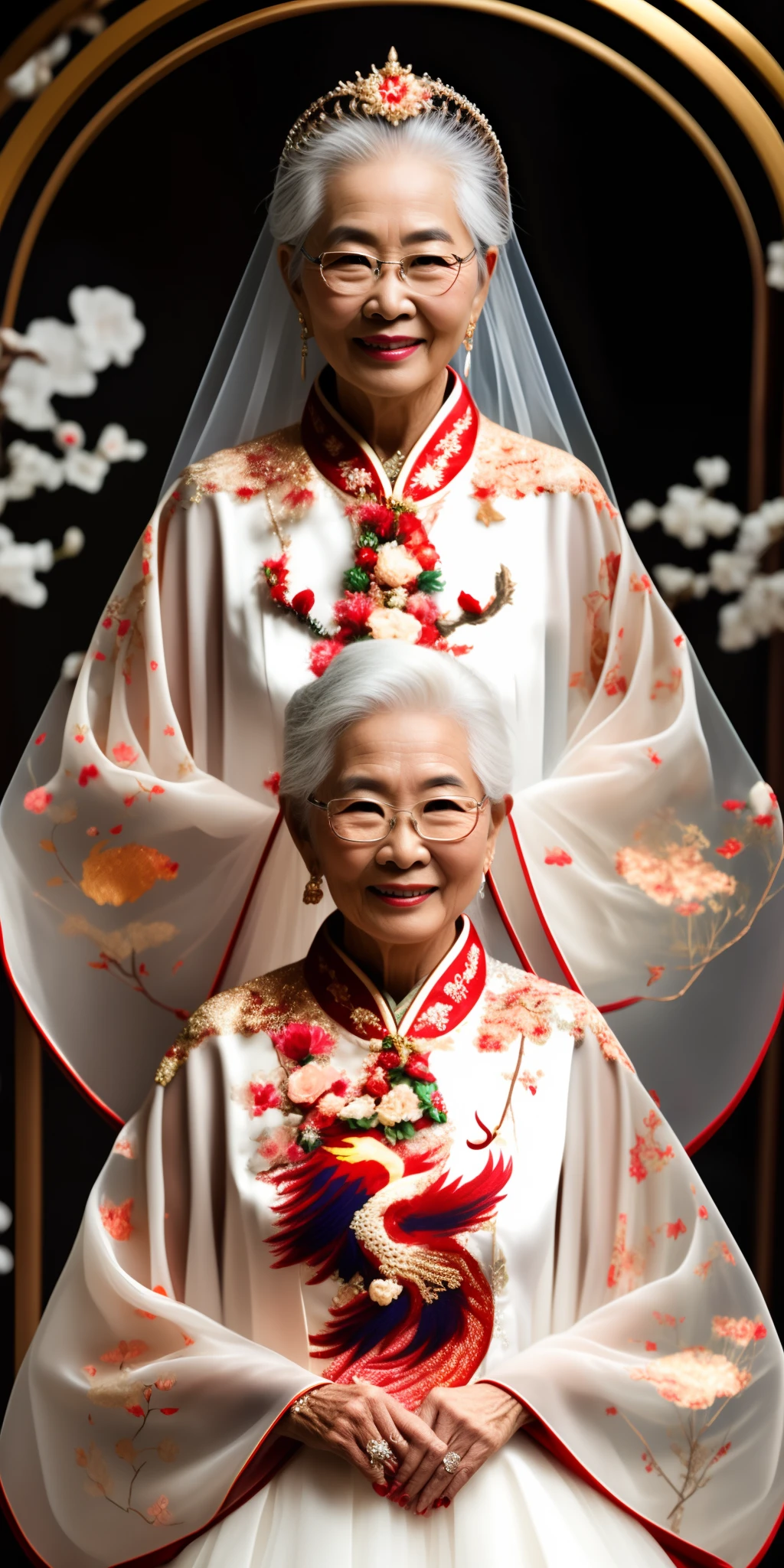 lin chi ling , 45-year-old radiant petite pretty Chinese bride in red phoenix wedding dress, on a swing Wearing a tiara with a streak of white hair. She has smooth skin. she is smiling with dimples in cheek. looking at the camera, next to her is her 80 year old husband dslr, ultra quality, sharp focus, tack sharp, dof, film grain, Fujifilm XT3, crystal clear, 8K UHD, highly detailed glossy eyes, high detailed skin, skin pores