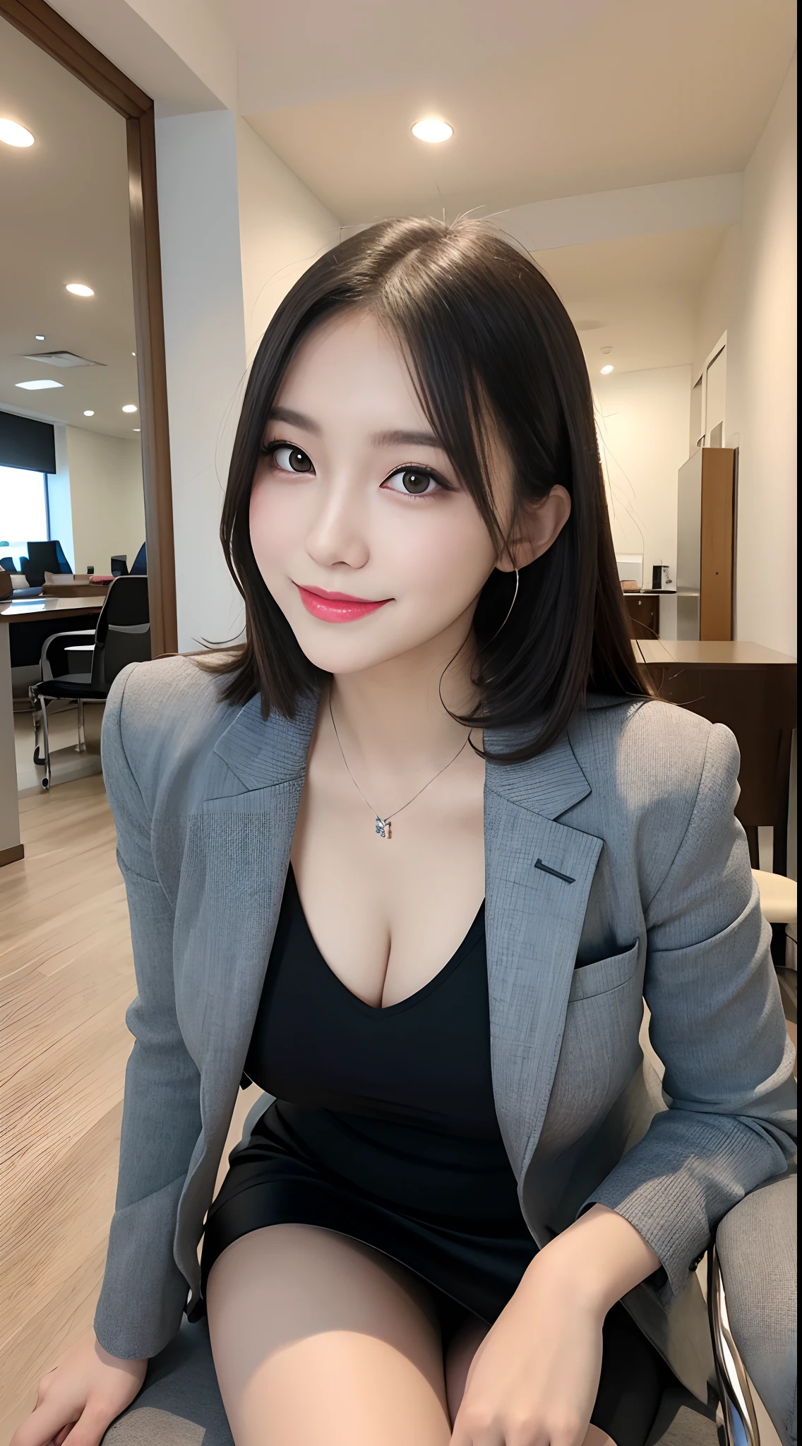 masutepiece, Best Quality, Illustration, Ultra-detailed, finely detail, hight resolution, 8K Wallpaper, Perfect dynamic composition, Beautiful detailed eyes, Business suits,Mini skirt、Medium Hair, Colossal tits:1.4, Natural Color Lip, Sit on a chair and cross your legs,Smile、25 year old girl