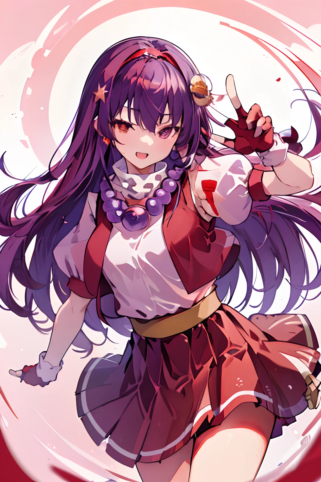 (masterpiece、top-quality、top-quality、Official Art、Beautifully Aesthetic:1.2)、(1girl in:1.3)、(Fractal art:1.3)、
独奏、athena97、
a purple eye、one eye closed、purple color hair、length hair、耳环、red hairband、(Pupil Spherical Necklace:1.5)、Star Hair Ornament、one_hand_on_hip、One-handed V、(The upper part of the body、:1.3)、
Medium Bullet、Red Open Vest、White turtleneck、White puffy sleeves、shortsleeves、Red pleated skirt、Raw feet、Yellow belt、Red fingerless gloves、
(outside of house), sunlights, cosplay foto, (cinmatic:0.4),Street Simple Background,