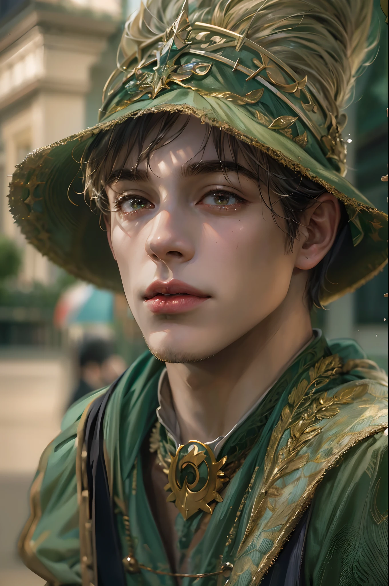 (absurdres, highres, ultra detailed, HDR), masterpiece, best quality, wizard of oz character, handsome young hero wearing detailed headgear, detailed face, handsome face, strolling at the town , detailed character, detailed outdoor