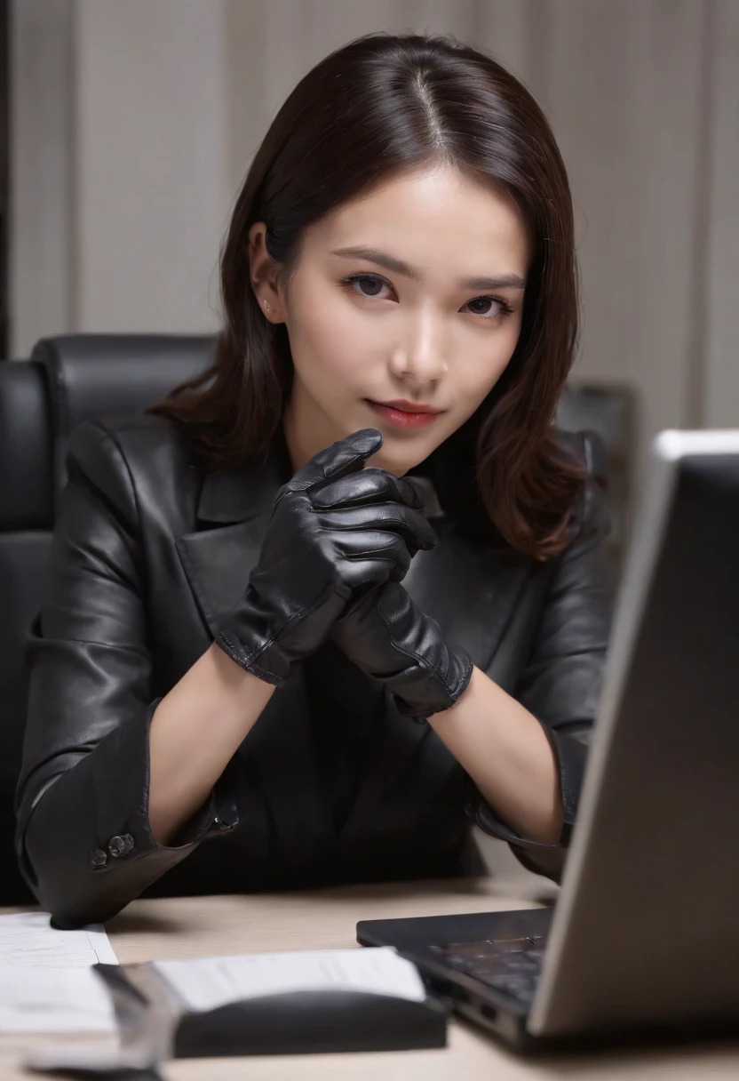 Wearing black leather gloves in both hands, upper body, black business suit, facing the desk in my room with a computer in the dark, tapping the keys of the computer keyboard with the fingertips of black leather gloves while looking at the screen, black hair bundled in the back for a long time, Japanese female new employee (black leather gloves cover both hands) (angle is in the front)