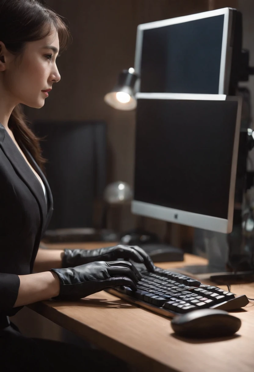 Wearing black leather gloves in both hands, upper body, black business suit, facing the desk in my room with a computer in the dark, tapping the keys of the computer keyboard with the fingertips of black leather gloves while looking at the screen, black hair bundled in the back for a long time, Japanese female new employee (black leather gloves cover both hands) (angle is in the front)