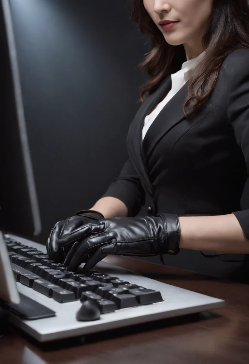 Wearing black leather gloves in both hands, upper body, black business suit, facing the desk in my room with a computer in the dark, tapping the keys of the computer keyboard with the fingertips of black leather gloves while looking at the screen, black hair bundled in the back for a long time, Japanese female new employee (black leather gloves cover both hands) (angle is in the front)