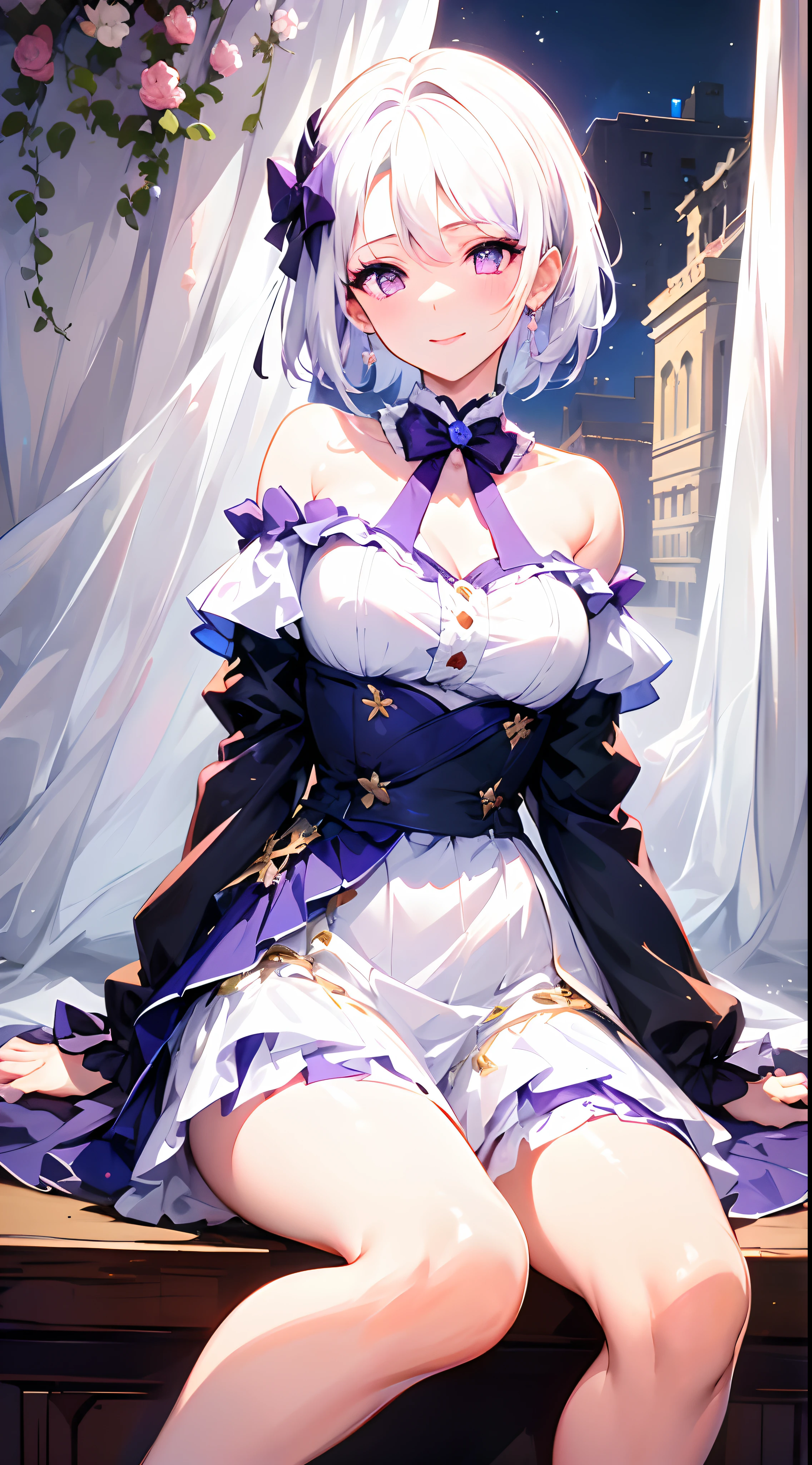 (best quality)+,(on the table)++,(Super detailed)++, Masterpiece Top Quality Super Fine Illustration High Detail Lighting Perfect Lighting, (1 bride:1.3),, First class female body, Perfect body, beautiful breasts, View from the front, from above, delicate luster, Beautiful and delicate eyes, cute face, beautiful lips, a girl surrounded by crystals, blue eyes, Beautiful light purple hair, Beautiful iridescent eyes, Beautiful long and tousled hair, Sexy brides,Sexy wedding dress, Glow effect lens flare lotion gloss shine holy light background sunlight, White,silver high heels, looking at the audience,