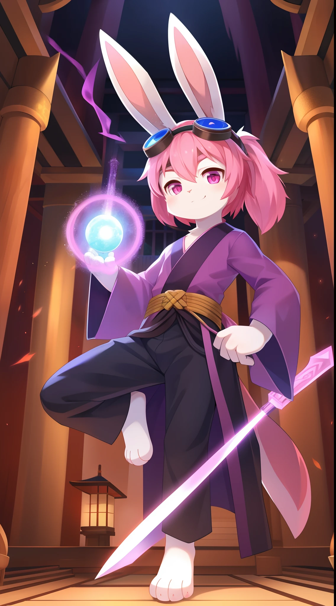 Furry shota, young, rabbit, long rabbit ears, pink hair, long spiky ponytail, spiky hair, detailed body fur, Pink eyes, purple kimono, black hakama pants, goggles, masterpiece, looking at you, white body fur, detailed face, big eyebrows, detailed eyes, detailed body, no muscles, japanese temple background, detailed hands, flat body, glistering body, shiny body, skinny, spectacular effects, sassy face, :3, paws whit three toes, full body, magic short sword purple on hand, Magic sword invocation,