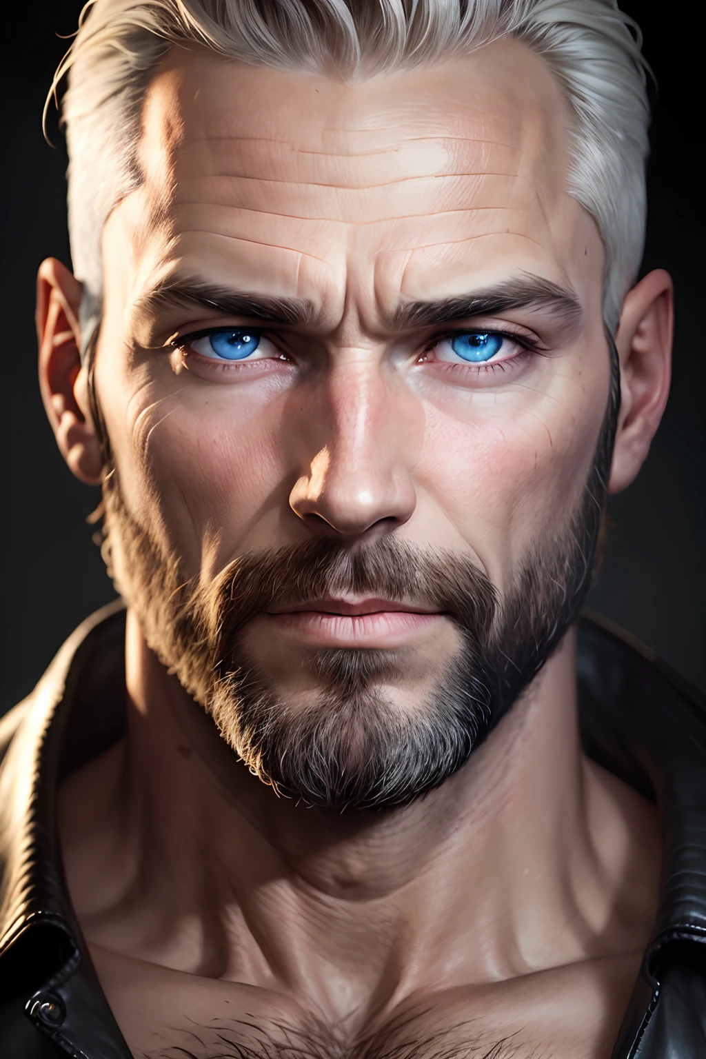 Portrait of a 47-year-old WHITE man, barbu, with piercing eyes, Detailed face, beau, charismatique, High Details, photographie, Studio sombre, rimlight, 50 mm, f/1.4