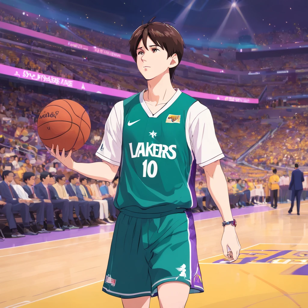 Lionel Messi jogando basquete vestindo uniforme do Los Angeles lakers