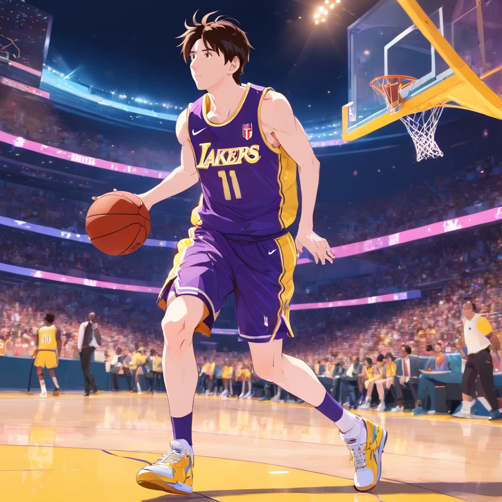 Lionel Messi jogando basquete vestindo uniforme do Los Angeles lakers